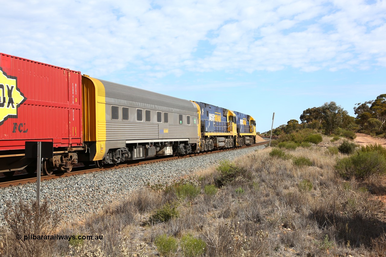 160523 3211
Binduli, Perth bound 7SP3 intermodal train, crew accommodation coach RZAY 940, built by Comeng NSW in 1968 as ARJ 240, a stainless steel, air conditioned, roomette sleeping coach, rebuilt by AN Rail Port Augusta Workshops to RZAY in 1997.
Keywords: RZAY-class;RZAY940;Comeng-NSW;ARJ-class;ARJ240;