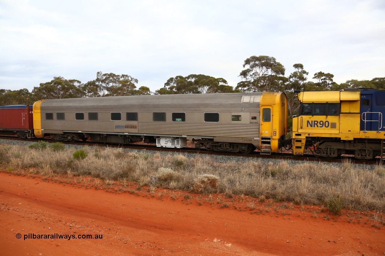 160524 3628
Binduli, 2PS7 priority service train, crew accommodation coach RZAY 283, built by Comeng NSW in 1972 as class ARJ, stainless steel, air conditioned, first class roomette sleeping car, converted by AN Rail Port Augusta Workshops in 1997 to RZAY.
Keywords: RZAY-class;RZAY283;Comeng-NSW;ARJ-class;
