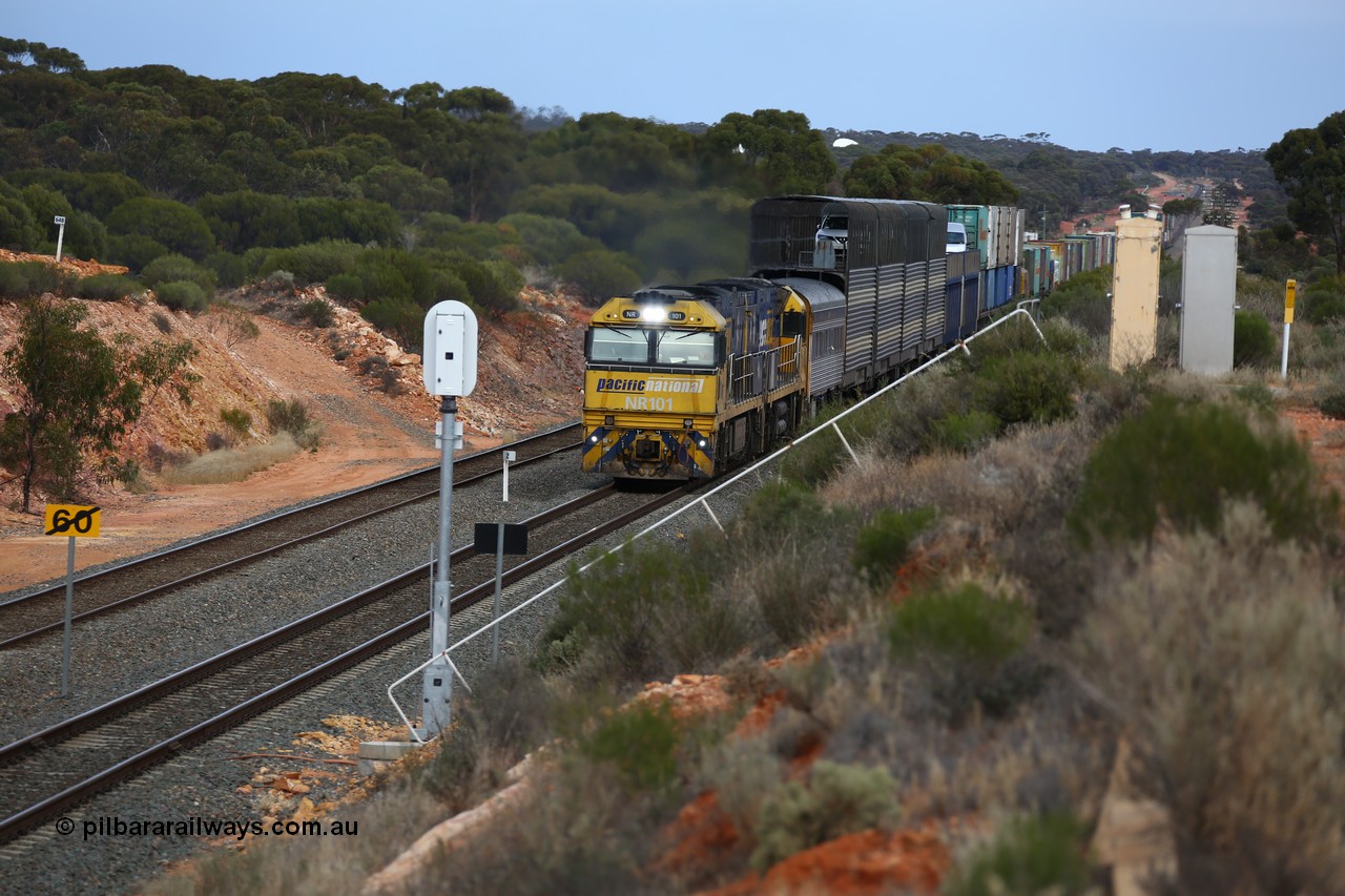160524 3731
West Kalgoorlie, 2PM6 intermodal train passes the local 2 km post for the Esperance line as it arrives behind Goninan built GE model Cv40-9i NR class units NR 101 serial 7250-07/97-303 and NR 105 serial 7250-08/97-310, originally built for National Rail now in current owner Pacific National livery.
Keywords: NR-class;NR101;Goninan;GE;Cv40-9i;7250-07/97-303;