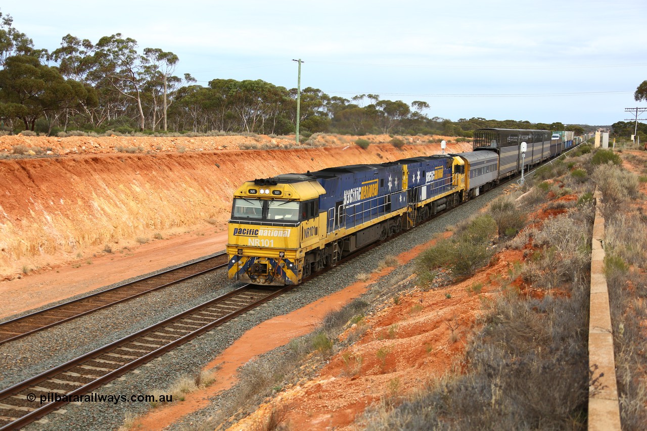 160524 3737
West Kalgoorlie, 2PM6 intermodal train behind Goninan built GE model Cv40-9i NR class units NR 101 serial 7250-07/97-303 and NR 105 serial 7250-08/97-310, originally built for National Rail now in current owner Pacific National livery.
Keywords: NR-class;NR101;Goninan;GE;Cv40-9i;7250-07/97-303;