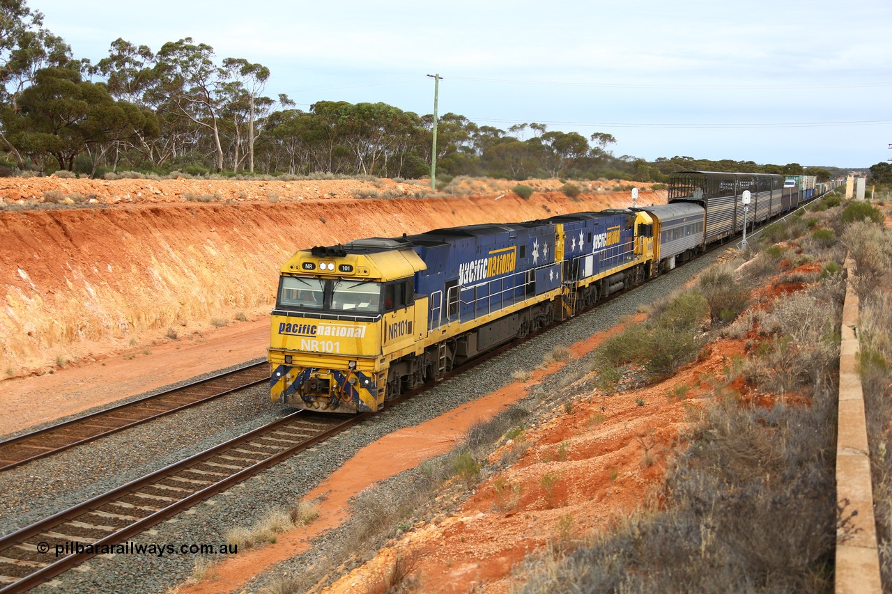 160524 3738
West Kalgoorlie, 2PM6 intermodal train behind Goninan built GE model Cv40-9i NR class units NR 101 serial 7250-07/97-303 and NR 105 serial 7250-08/97-310, originally built for National Rail now in current owner Pacific National livery.
Keywords: NR-class;NR101;Goninan;GE;Cv40-9i;7250-07/97-303;