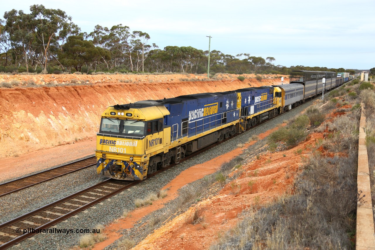160524 3739
West Kalgoorlie, 2PM6 intermodal train behind Goninan built GE model Cv40-9i NR class units NR 101 serial 7250-07/97-303 and NR 105 serial 7250-08/97-310, originally built for National Rail now in current owner Pacific National livery.
Keywords: NR-class;NR101;Goninan;GE;Cv40-9i;7250-07/97-303;