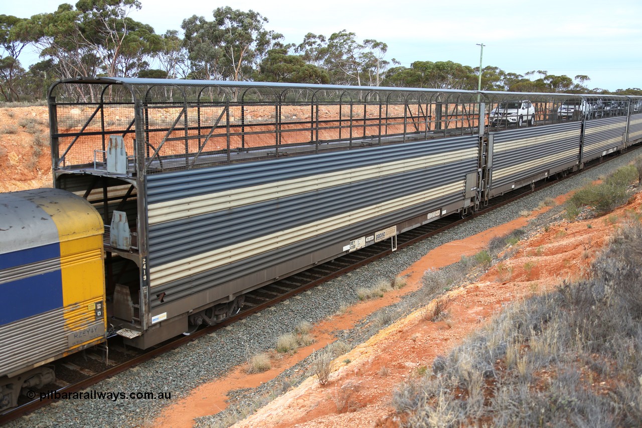 160524 3742
West Kalgoorlie, 2PM6 intermodal train, articulated 2-pack triple deck automobile waggon RMEY 2419, converted by Cheeseman Engineering in 2004 from a former 1971 vintage AE Goodwin built GNX automobile waggon ANMX 2419 and another ANMX waggon.
Keywords: RMEY-type;RMEY2419;Cheeseman-Engineering-SA;AE-Goodwin;GNX-type;AMNX-type;