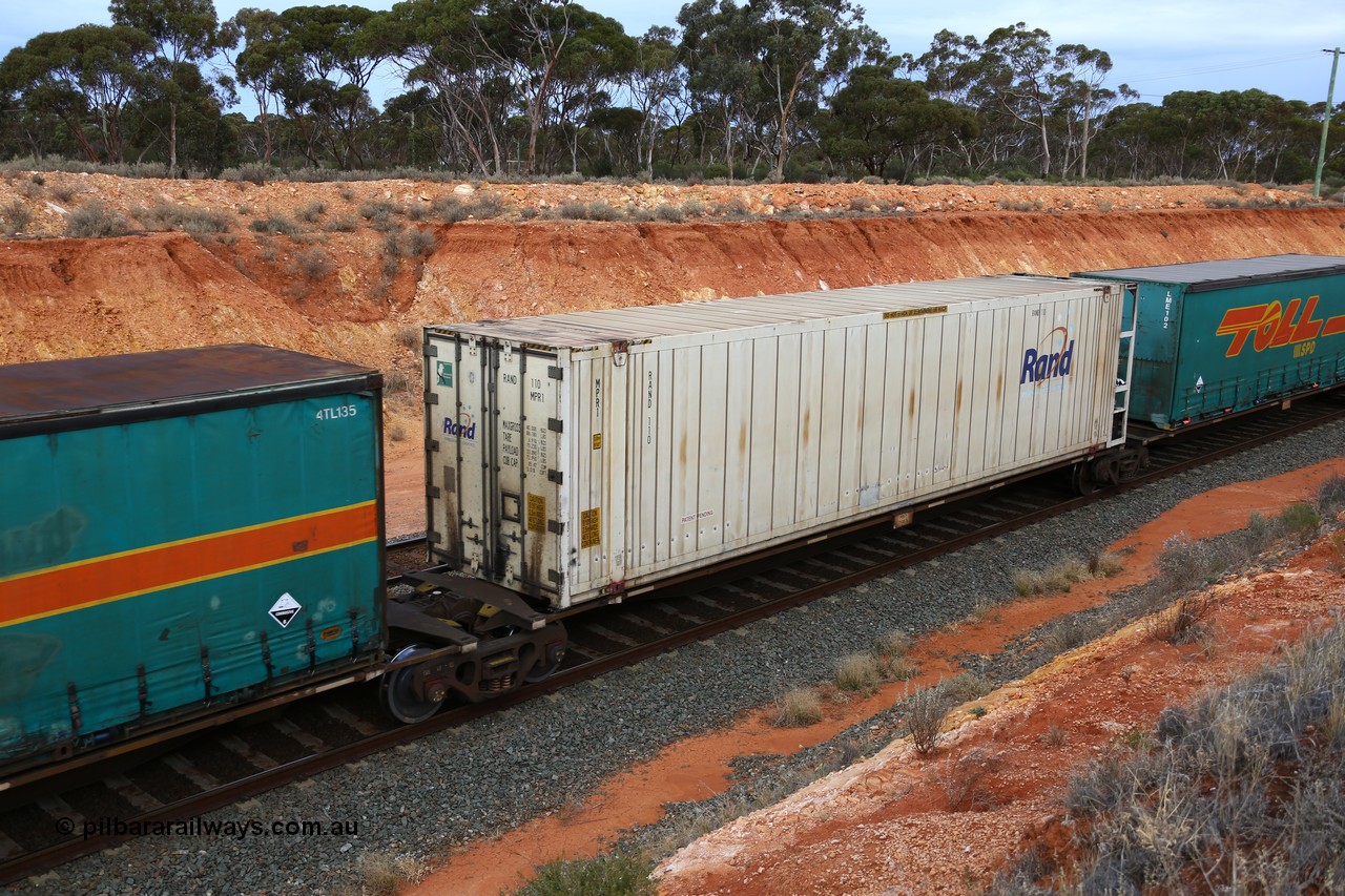 160524 3761
West Kalgoorlie, 2PM6 intermodal train, 48' platform of RRGY 7130 5-pack articulated skel waggon, one of fifty built by AN Rail Islington Workshops in 1996-97 as type RRBY, later rebuilt with 48' intermediate decks and coded RRGY, RAND Refrigerated Logistics 46' reefer RAND 110.
Keywords: RRGY-type;RRGY7130;RRBY-type;AN-Islington-WS;