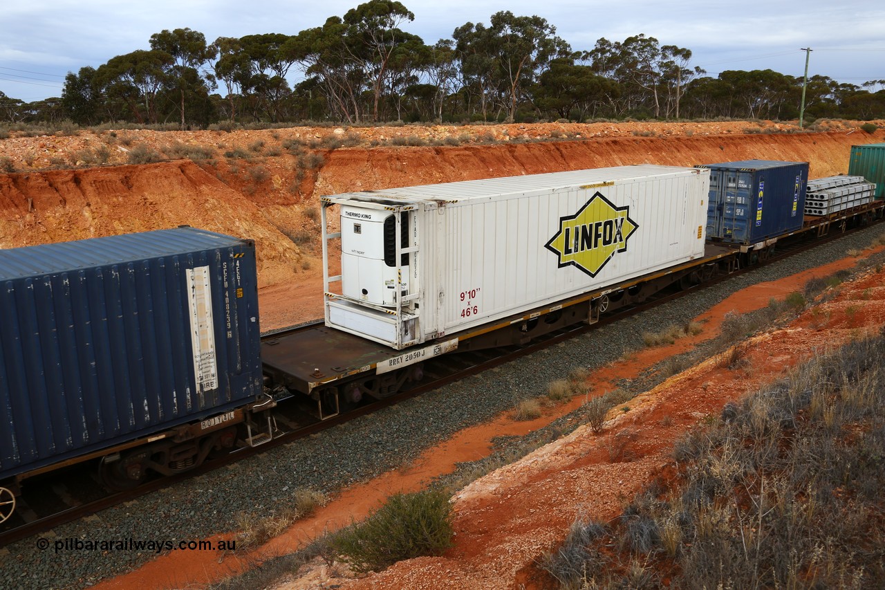 160524 3780
West Kalgoorlie, 2PM6 intermodal train, RRKY 2050 container waggon, built by Comeng in 1969 as RMX, AQMX, AQSY, RQKY. Linfox 46' reefer FTAD 910602.
Keywords: RRKY-type;RRKY2050;Comeng-SA;RMX-type;AQMX-type;AQSY-type;RQKY-type;