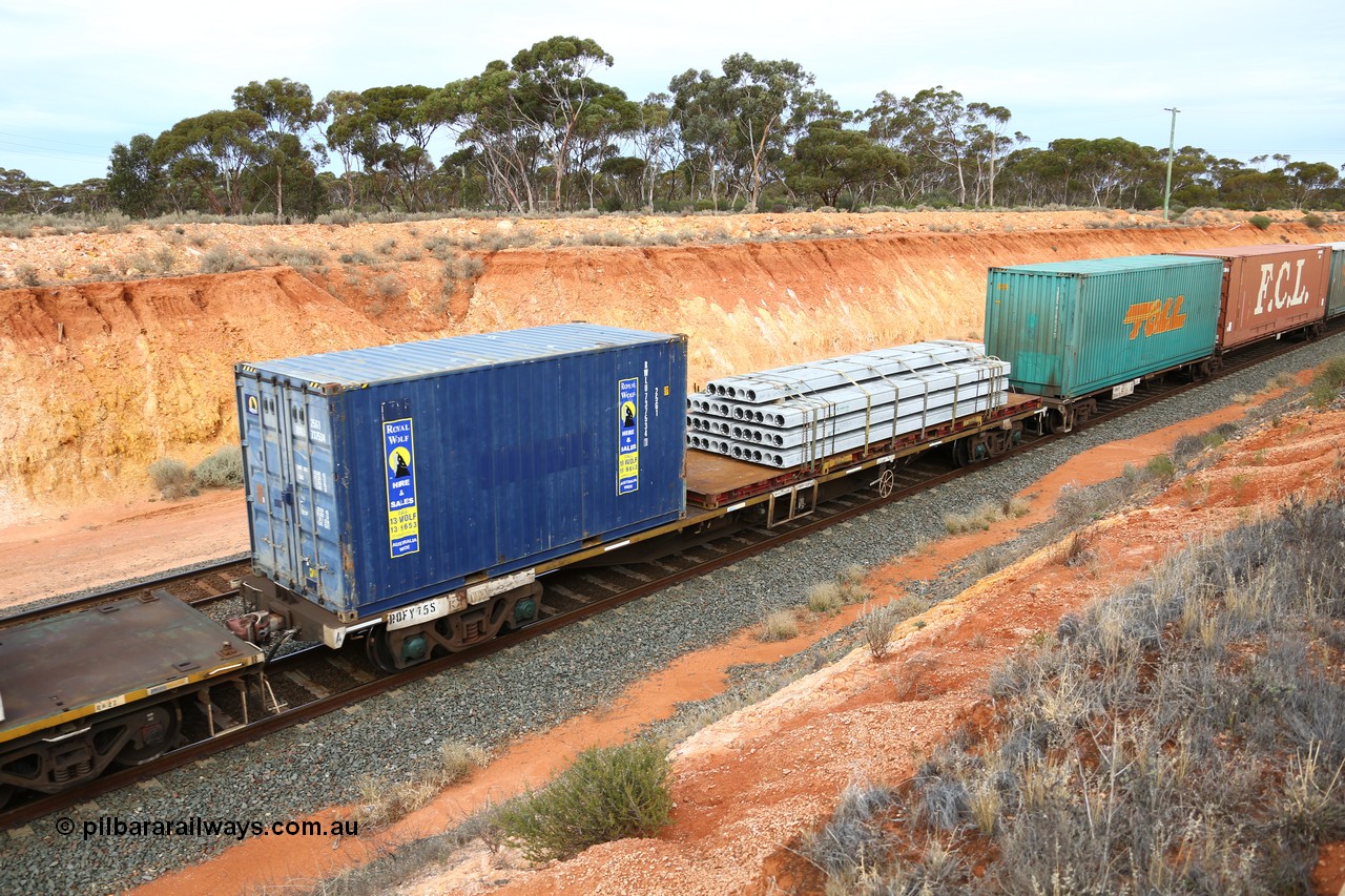 160524 3781
West Kalgoorlie, 2PM6 intermodal train, RQFY 75 container waggon, built by Victorian Railways Bendigo Workshops in 1980 as a batch of seventy five VQFX type skeletal container waggons, recoded to VQFY c1985, then RQFY May 1994, May 1995 to RQFF, then 2CM bogies fitted in Aug 1995 and current code Nov 1995. Royal Wolf 20' box RWLU 737534 and an 40' FD flatrack with concrete panels.
Keywords: RQFY-type;RQFY75;Victorian-Railways-Bendigo-WS;VQFX-type;RQFF-type;