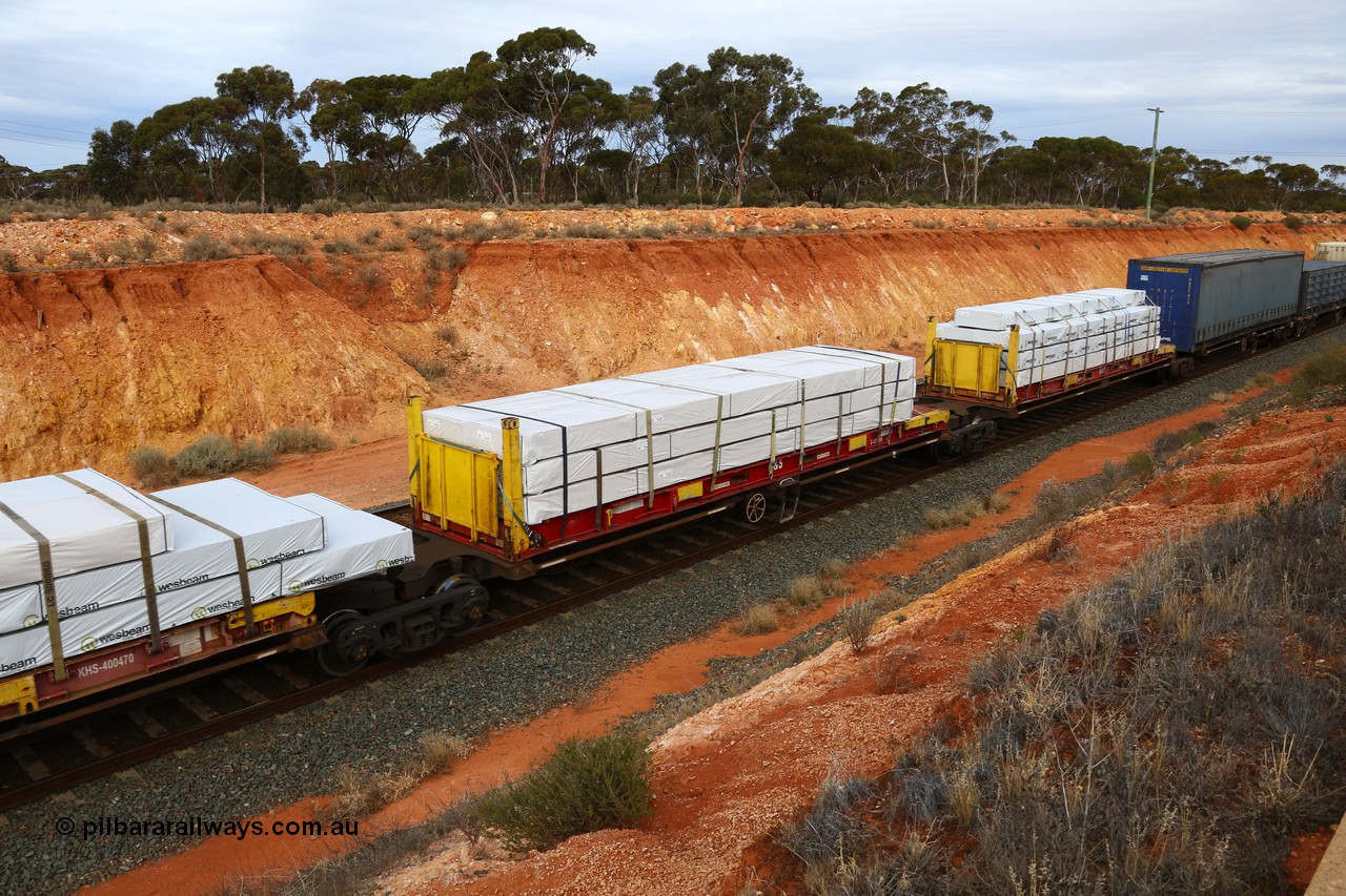 160524 3790
West Kalgoorlie, 2PM6 intermodal train, RRQY 8314 platform 3 of 5-pack articulated skeletal waggon set, built by Qiqihar Rollingstock Works, China in 2012, K+S 40' flatrack KHS 400824.
Keywords: RRQY-type;RRQY8314;Qiqihar-Rollingstock-Works-China;