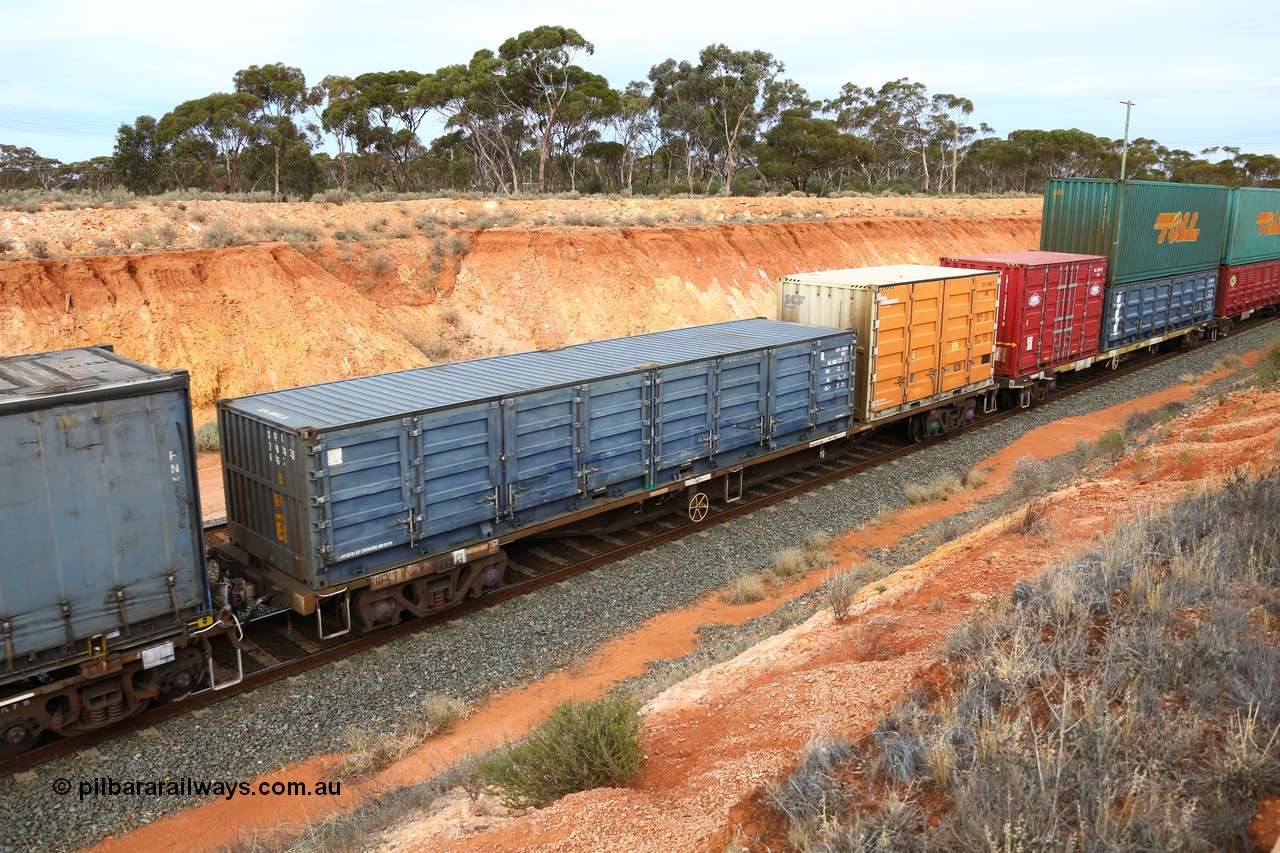 160524 3793
West Kalgoorlie, 2PM6 intermodal train, RQFY 7 container waggon, built by Victorian Railways Bendigo Workshops in April 1978 in a batch of forty QMX type skeletal container waggons, in July 1980 re-coded to VQFX, in October 1994 re-coded to RQFX and 2CM bogies fitted. 40' SCF 40G2 type half height side door container SCFU 200543 [0] and 20' Rail Containers 2NG2 type side door container SCFU 310087 [5].
Keywords: RQFY-type;RQFY7;Victorian-Railways-Bendigo-WS;QMX-type;