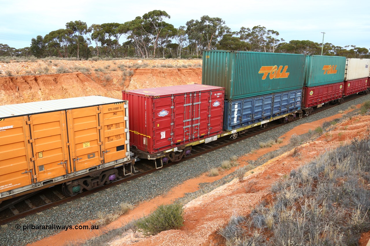 160524 3794
West Kalgoorlie, 2PM6 intermodal train, RQSY 34986 63' container waggon built by Goninan NSW in a batch of one hundred OCY type 63' container waggons in 1975. Recoded to NQOY, then NQGY. Loaded with a Cahill Transport 20' 2FG4 type side door box CHLL 200029 [0], an SCF half height 40' side door SCFU 607076 [9] double stacked with a Toll 40' 4FG1 type box TRRC 410600 [7].
Keywords: RQSY-type;RQSY34986;Goninan-NSW;OCY-type;