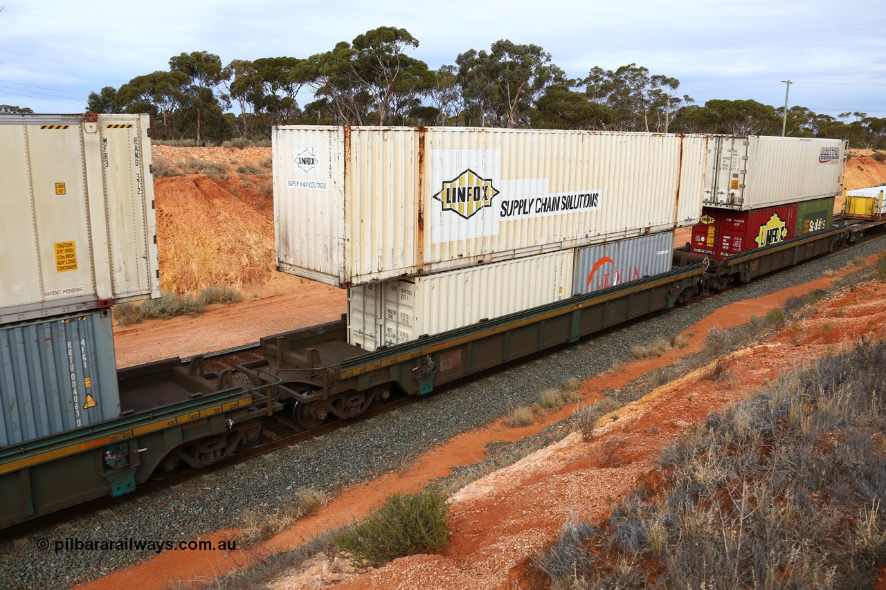 160524 3803
West Kalgoorlie, 2PM6 intermodal train, RRXY 8 platform 2 of 5-pack well waggon set, one of eleven built by Bradken Qld in 2002 for Toll from a Williams-Worley design with two 20' boxes in the well 22G1 type CPIU 049385 and Veolia TTNU 294043 with a 53' Linfox box DRC 449 on top.
Keywords: RRXY-type;RRXY8;Williams-Worley;Bradken-Rail-Qld;