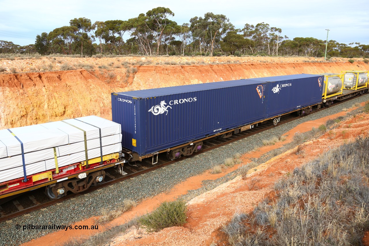 160524 3809
West Kalgoorlie, 2PM6 intermodal train, RQJW 22051 one of fifty such jumbo container waggons built by Mittagong Engineering NSW in 1975-76 as the JCW type, recoded to NQJW. Loaded with two Cronos 40' 4EG1 type containers CXSU 123683 [3] and CSXU 123707 [0].
Keywords: RQJW-type;RQJW22051;Mittagong-Engineering-NSW;JCW-type;NQJW-type;NQGW-type;