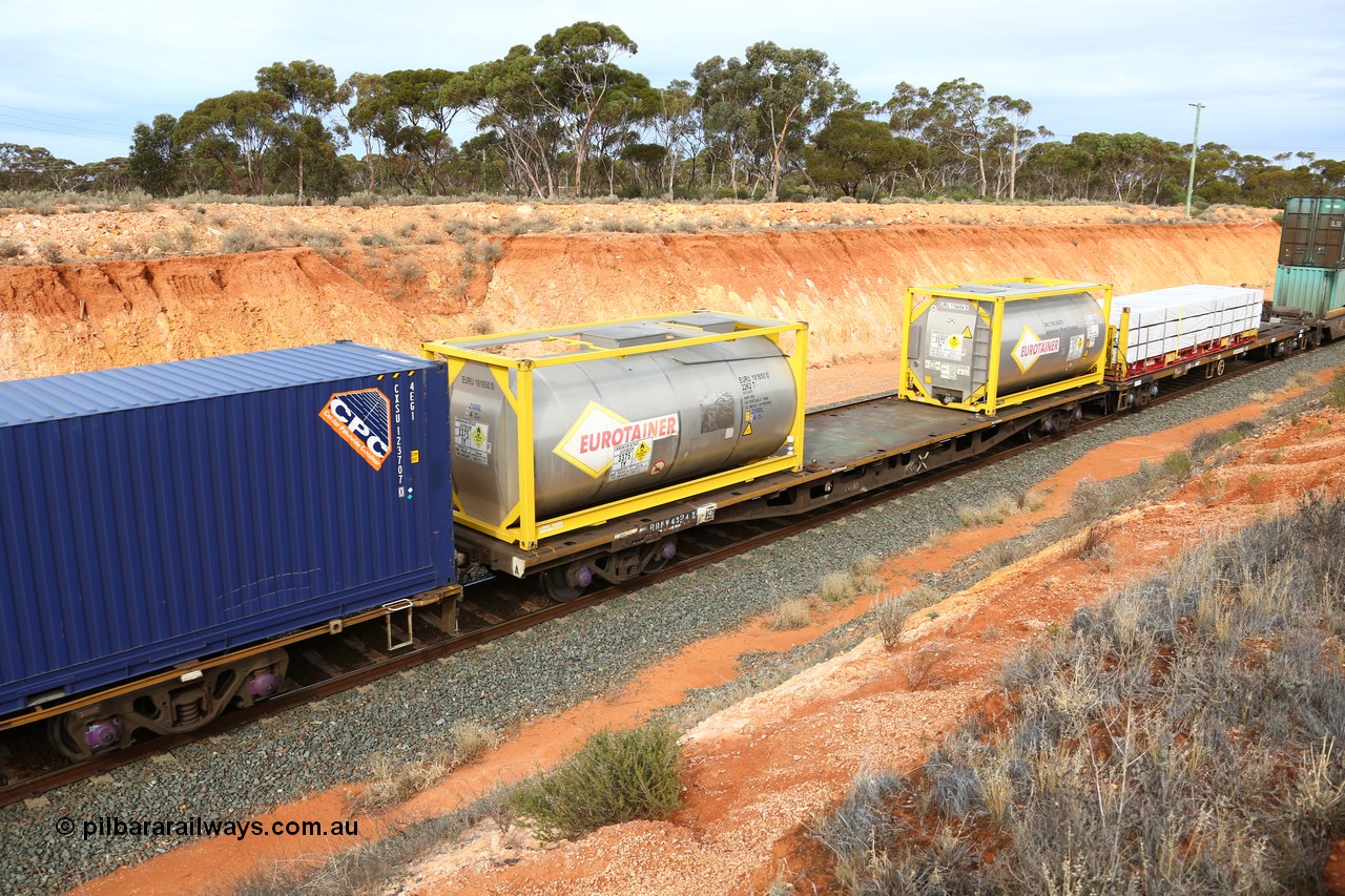 160524 3810
West Kalgoorlie, 2PM6 intermodal train, RRKY 4324 container flat waggon originally built by Perry Engineering SA in 1976 as part of a batch of one hundred and fifty RMX type waggons for the Commonwealth Railways, recoded to AQMX, in 1987 to AQSY, then RQKY. Loaded with two CIMC Tank built 20' ISO 22K2 type tanktainers for Eurotainers, EURU 191850 [0] and 114494 [9] both with ammonium nitrate emulsion.
Keywords: RRKY-type;RRKY4324;Perry-Engineering-SA;RMX-type;AQMX-type;AQSY-type;RQKY-type;