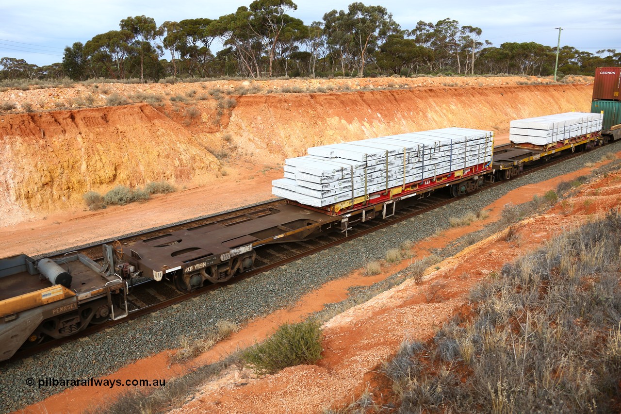 160524 3817
West Kalgoorlie, 2PM6 intermodal train, RQFY 119 container waggon, built by Victorian Railways Bendigo Workshops in 1980 as a batch of seventy five VQFX type skeletal container waggons, recoded to VQFY in 1985, recoded in April 1994 RQFY, May 1995 to RQFF and 2CM bogies fitted August 1995.
Keywords: RQFY-type;RQFY119;Victorian-Railways-Bendigo-WS;VQFX-type;