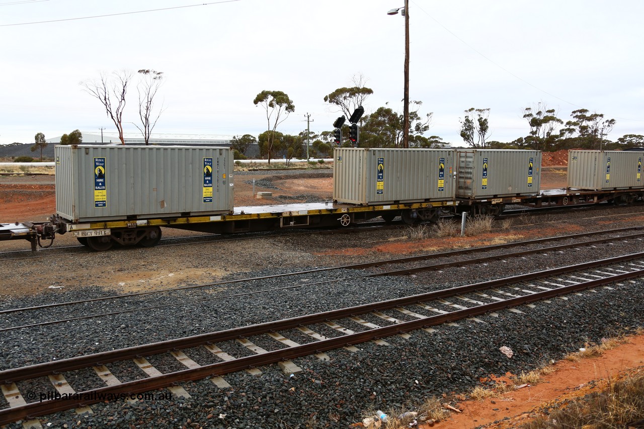 160524 4244
West Kalgoorlie, 1MP2 steel train, RQCY 991, originally built by Victorian Railways Ballarat North Workshops in 1980 as part of a batch of seventy five VQCX type container waggons, recoded to RQCX in 1994, then current code in 1995. Loaded with two Royal Wolf 22G1 type 20' containers RWMC 815876 and RWMC 815860.
Keywords: RQCY-type;RQCY991;V/Line-Ballarat-Nth-WS;VQCX-type;RQCX-type;