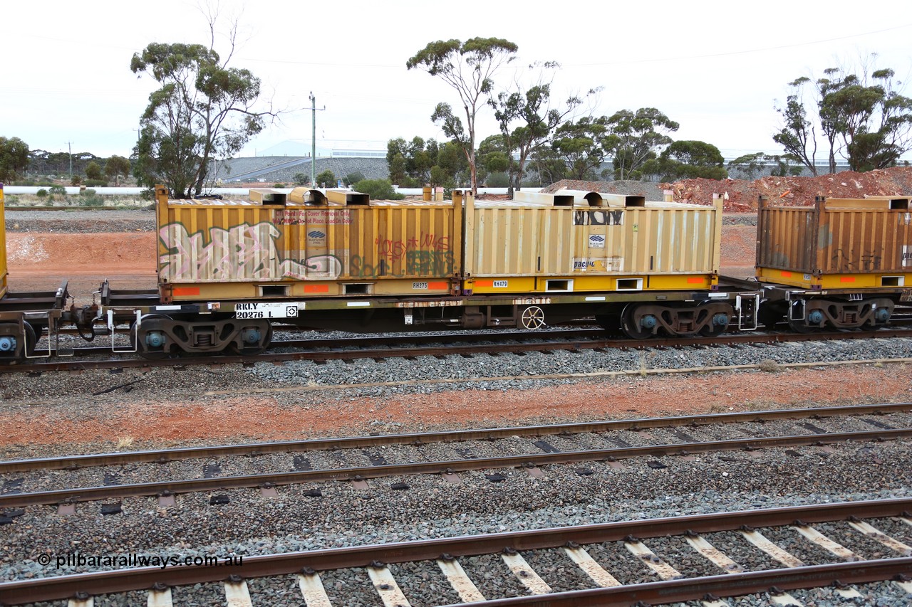 160524 4287
West Kalgoorlie, 1MP2 steel train, RKLY 20276, originally build by EPT NSW 1979-81 as part of a batch of two hundred BDY type 14.20 metre open waggons before conversion in the 1990s, loaded with two RH type RH 275 and RH 479 coil containers or 'butter boxes'.
Keywords: RKLY-type;RKLY20276;EPT-NSW;BDY-type;NODY-type;NKHY-type;