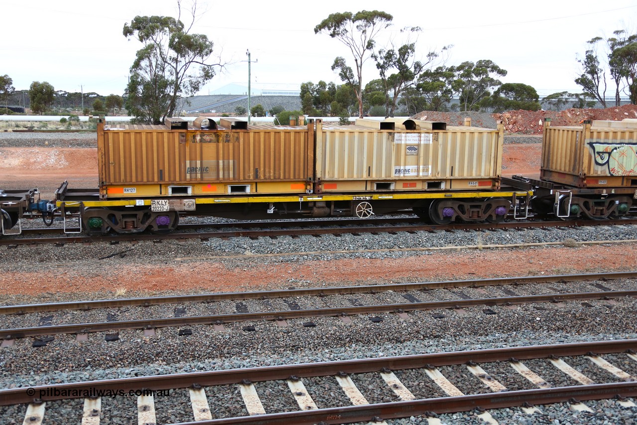 160524 4291
West Kalgoorlie, 1MP2 steel train, RKLY 20220, totally unrecognisable from original build by EPT NSW 1979-81 as part of a batch of two hundred BDY type 14.20 metre open waggons, had several recoding's prior to its current guise, loaded with two RH type coil containers or 'butter boxes' RH 127 and RH 441.
Keywords: RKLY-type;RKLY20220;EPT-NSW;BDY-type;NODY-type;