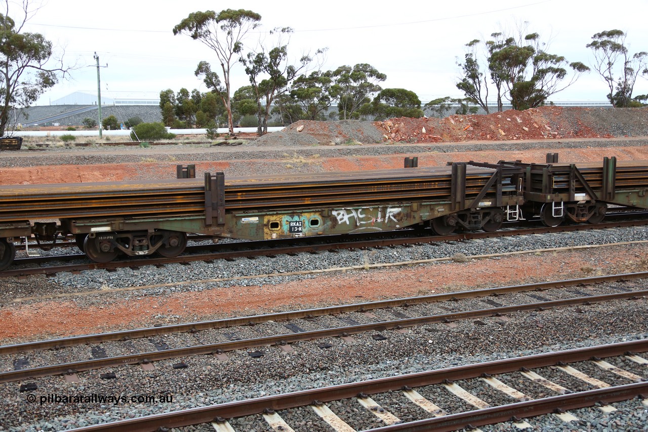160524 4305
West Kalgoorlie, 1MP2 steel train, RKAX 13, 2-pack rail transport waggon, Platform 2, this waggon was converted by Port Augusta Workshops from two original FBX type waggons built in 1968-69 by Islington Workshops in a batch of twenty later coded AFCX. AFCX 13 & AKAX 5 where the donors for this waggon. Loaded with a full load of rail strings.
Keywords: RKAX-type;RKAX13;SAR-Islington-WS;FBX-type;
