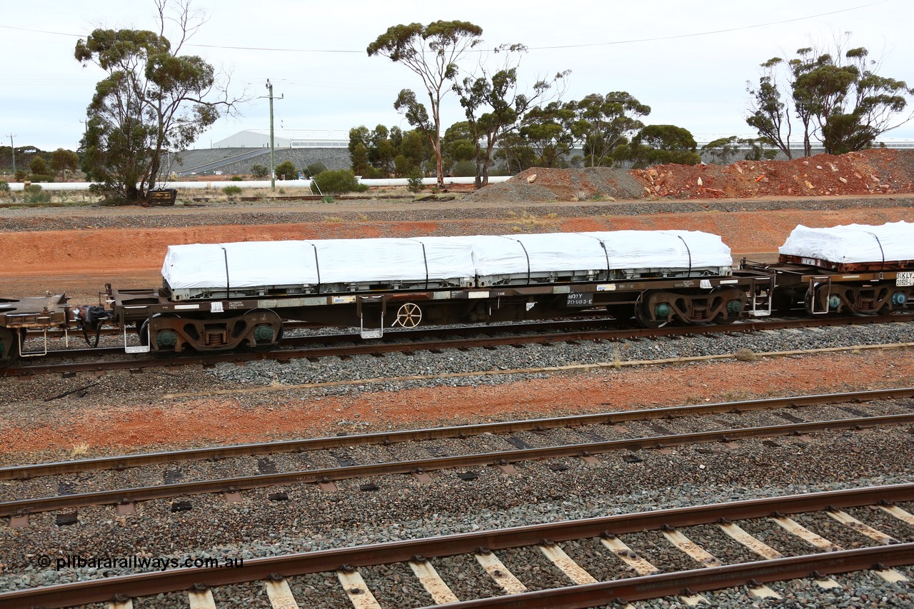 160524 4316
West Kalgoorlie, 1MP2 steel train, NQTY 20983 loaded with two plastic wrapped 22P3 type flat rack units. Originally built in the third contract of two hundred NODY type open waggons built by EPT NSW in 1980/81. Several recodes later it is fitted for containers, primarily steel traffic.
Keywords: NQTY-type;NQTY20983;EPT-NSW;NODY-type;