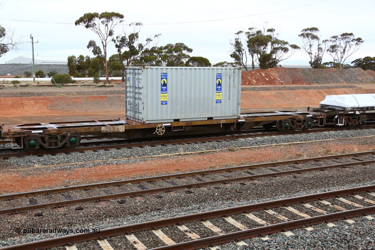 160524 4317
West Kalgoorlie, 1MP2 steel train, RQSY 34344 container waggon loaded with a Royal Wolf 25G1 type 20' box RWTU 966778. Originally built by Goninan NSW as an OCY type container waggon as part of a batch of one hundred in 1974-75.
Keywords: RQSY-type;RQSY34344;Goninan-NSW;OCY-type;NQOY-type;