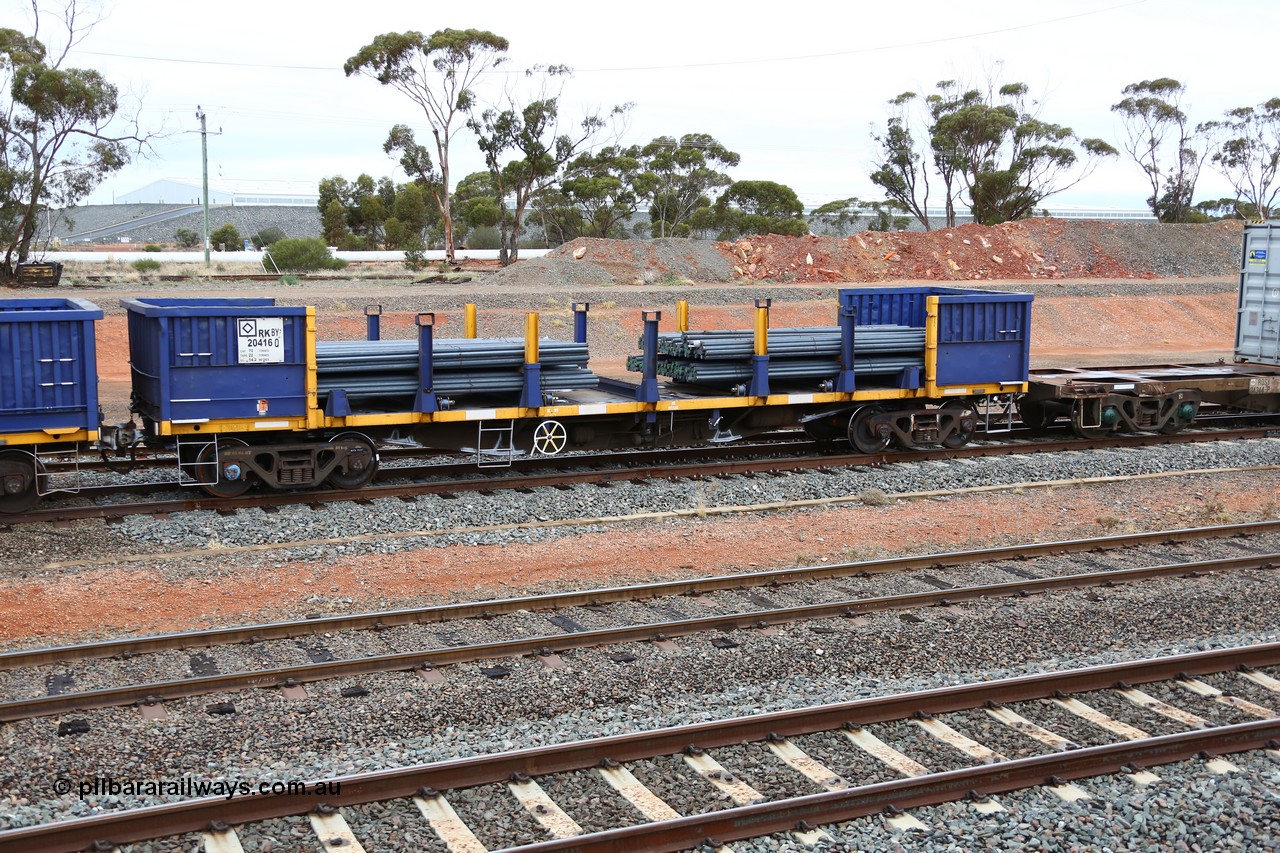 160524 4319
West Kalgoorlie, 1MP2 steel train, RKBY 20416 loaded with steel rods. RKBY 20416 is from the first order of two hundred BDY type open waggons built by EPT in NSW in 1977/78.
Keywords: RKBY-type;RKBY20416;EPT-NSW;BDY-type;NODY-type;