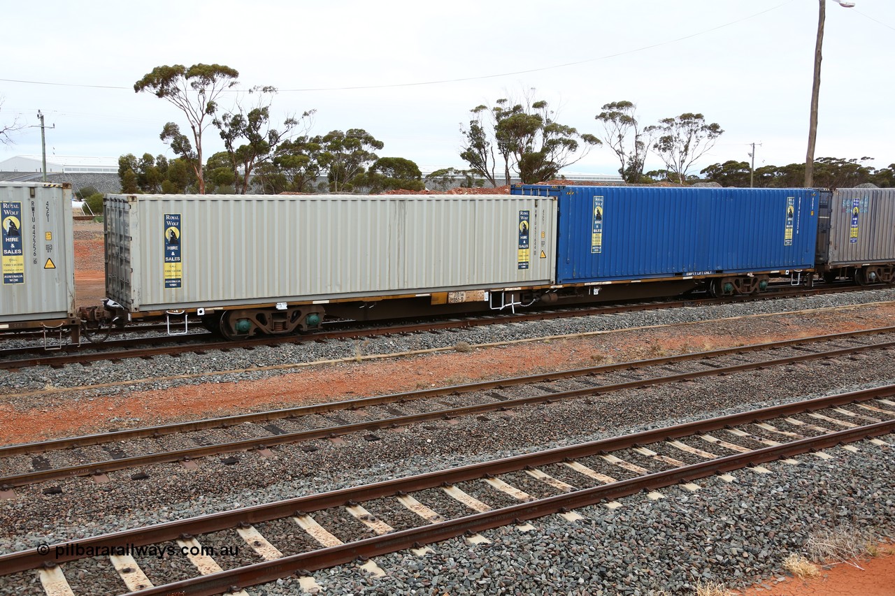 160524 4323
West Kalgoorlie, 1MP2 steel train, RQJW 21951, first of the fourth batch of twenty five built by Mittagong Engineering NSW in 1980/81 as the JCW type 80' container waggon, recoded to NQJW. Loaded with two Royal Wolf 40' boxes, 42G1 type RWTU 431644 and 4EG1 type RWTU 941222.
Keywords: RQJW-type;RQJW21951;Mittagong-Engineering-NSW;JCW-type;NQJW-type;