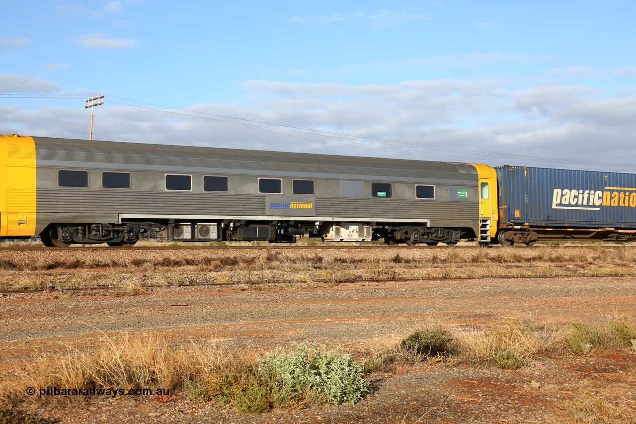 160525 4440
Parkeston, 3PM7 priority service train, crew accommodation coach RZAY 940, built by Comeng NSW in 1968 as ARJ 240, a stainless steel, air conditioned, roomette sleeping car, rebuilt by AN Rail Port Augusta Workshops to RZAY in 1997.
Keywords: RZAY-type;RZAY940;Comeng-NSW;ARJ-type;ARJ240;