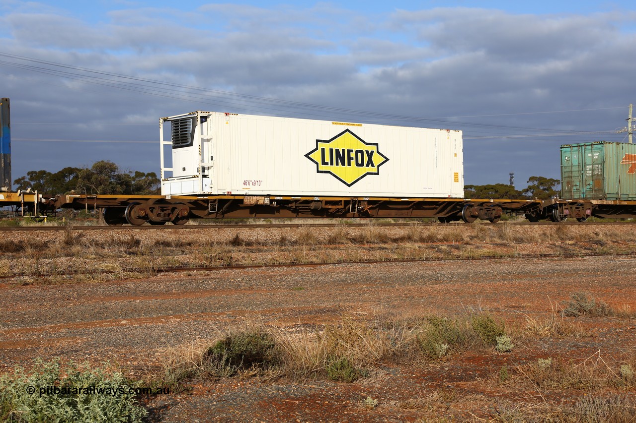 160525 4532
Parkeston, 3PM7 priority service train, RQDY 60075 container waggon, built by V/Line Bendigo Workshops as VQDW type VQDW 64 in 1986, leased to NSW as NQMW type and numbered 60075, Linfox FCAD 910611 46' reefer.
Keywords: RQDY-type;RQDY60075;V/Line-Bendigo-WS;VQDW-type;VQDW64;