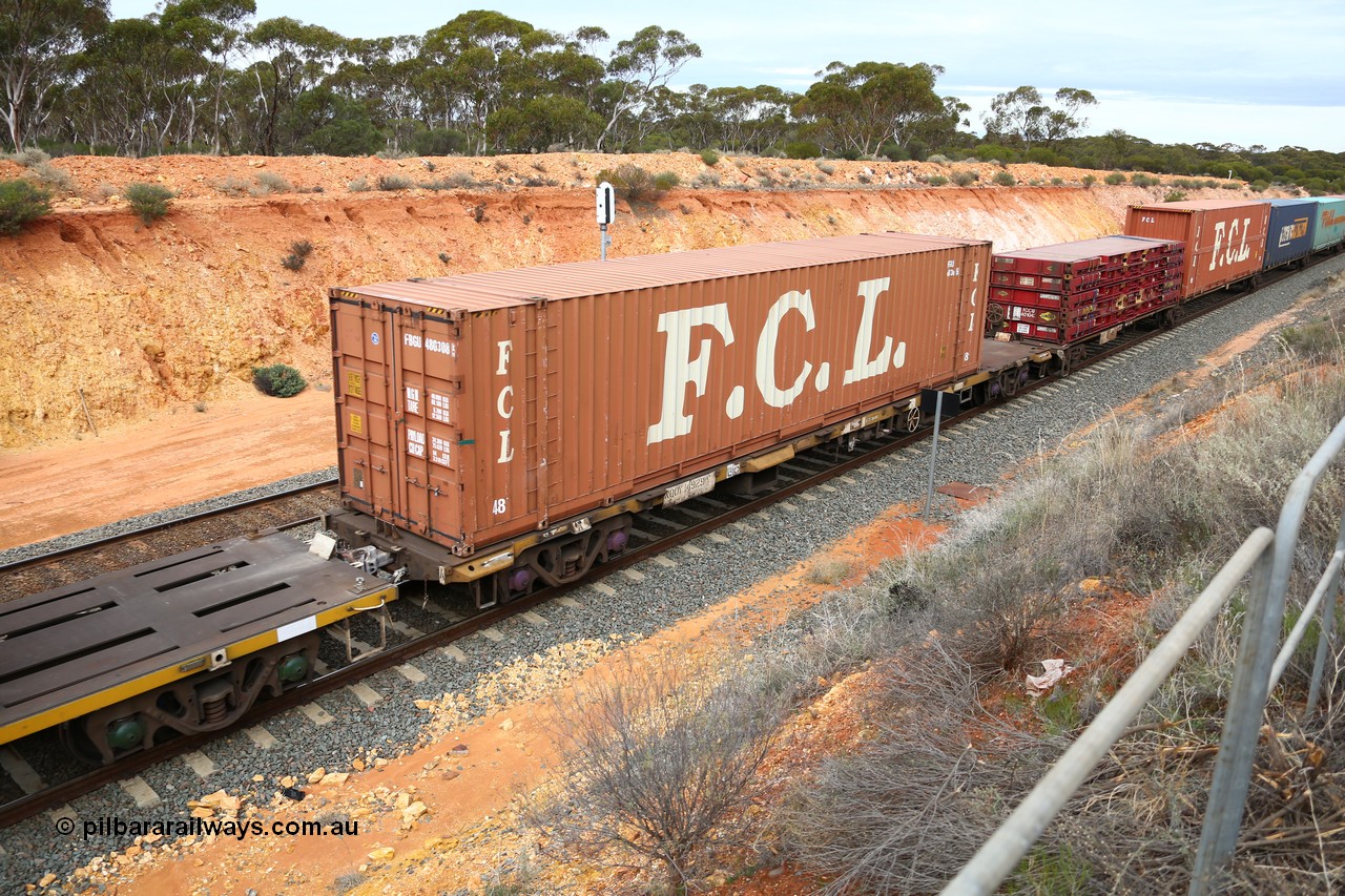160526 5207
West Kalgoorlie, 4PM6 intermodal train, NQOY 14929 container waggon, one of fifty units built by Comeng NSW in 1974-75 as OCY class, FCL 48' container FBGU 480308.
Keywords: NQOY-type;NQOY14929;Comeng-NSW;OCY-type;