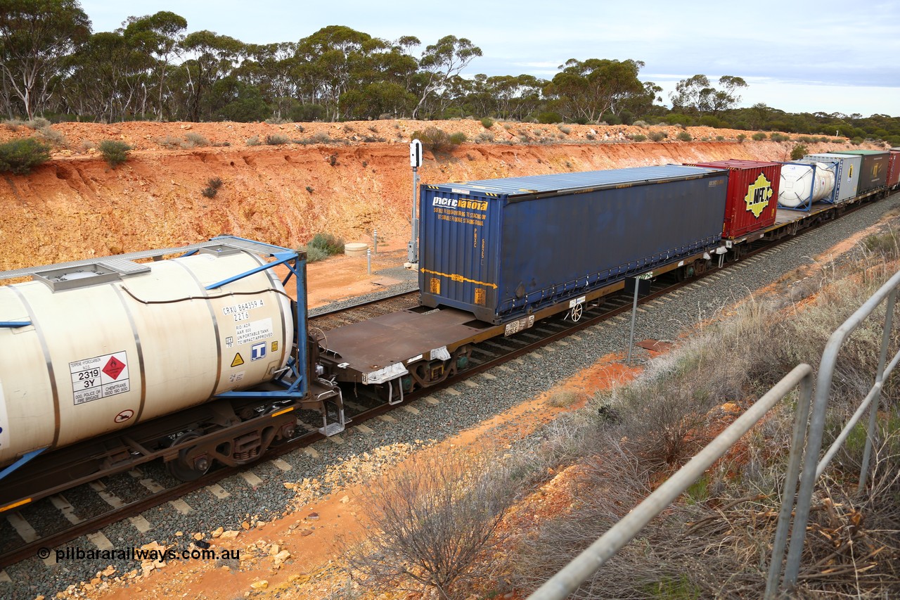 160526 5209
West Kalgoorlie, 4PM6 intermodal train, RQSY 34357 container waggon, one of a batch of one hundred built by Goninan NSW in 1974-75 as OCY class, recoded to NQOY, then NQSY. Pacific National 48' curtainsider PNXC 5625.
Keywords: RQSY-type;RQSY34357;Goninan-NSW;OCY-type;NQOY-type;NQSY-type;