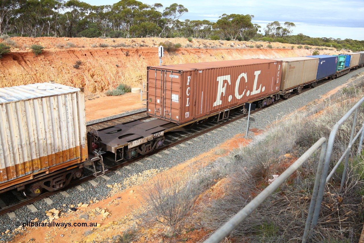 160526 5218
West Kalgoorlie, 4PM6 intermodal train, RQFY 93 container waggon, built by Victorian Railways Bendigo Workshops in 1980 as a batch of seventy five VQFX type skeletal container waggons, recoded to VQFY, then RQFF, then 2CM bogies fitted in 1995, 48' FCL box FBGU 480114.
Keywords: RQFY-type;RQFY93;Victorian-Railways-Bendigo-WS;VQFX-type;RQFF-type;