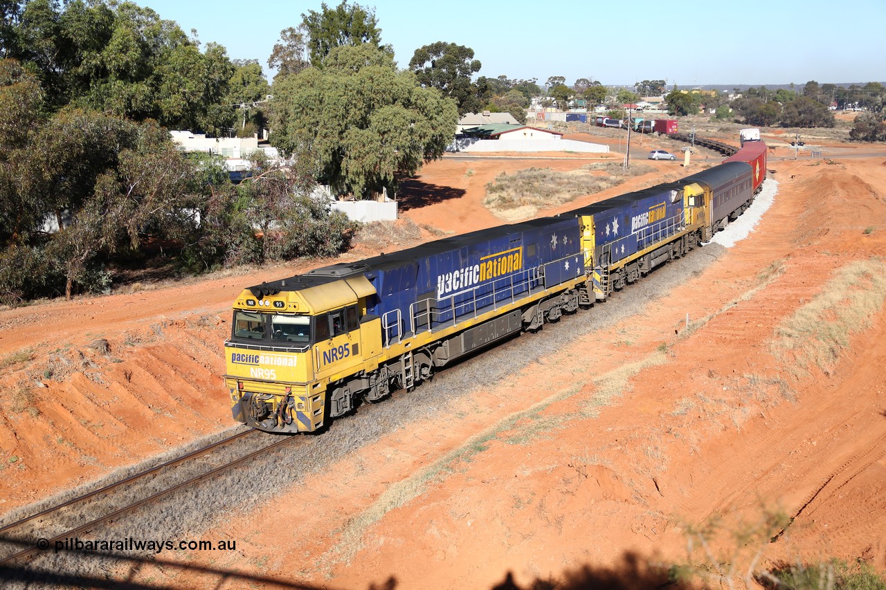 160527 5514
Kalgoorlie, 5PS6 intermodal train powers away from Kalgoorlie as it is about to pass under the Goldfields Highway behind Goninan built GE model Cv40-9i NR class units NR 95 serial 7250-06/97-296 and NR 96 serial 7250-06/97-297.
Keywords: NR-class;NR95;Goninan;GE;Cv40-9i;7250-06/97-296;NR96;7250-06/97-297;