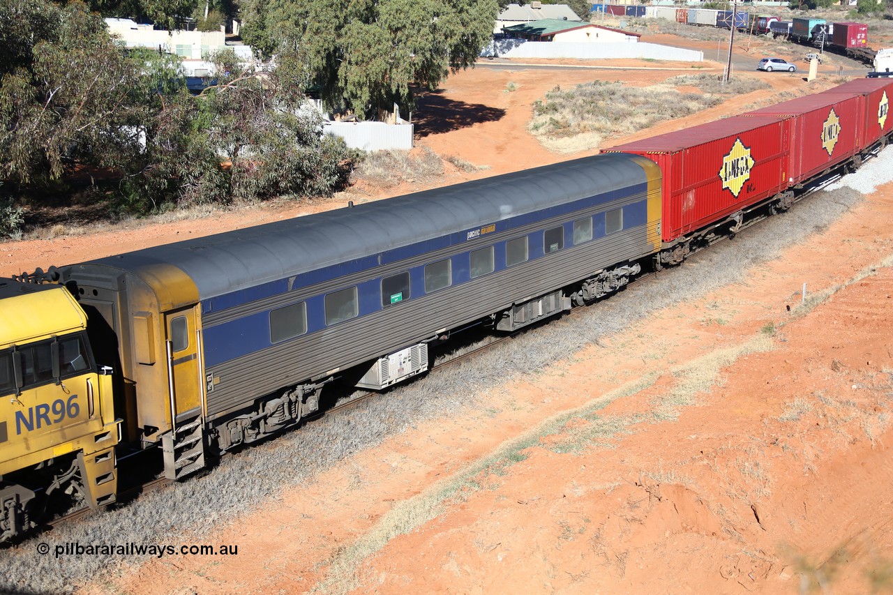 160527 5516
Kalgoorlie, 5PS6 intermodal train, crew accommodation coach RZEY 3, built by South Australian Railways Islington Workshops in 1956 as Tolkini for The Overland, renamed to Malkari in 1957 then coded JTA 3 in 1987, converted to crew coach in 2007 by Bluebird Rail Operations.
Keywords: RZEY-class;RZEY3;SAR-Islington-WS;JTA-class;JTA3;Tolkini;Malkari;