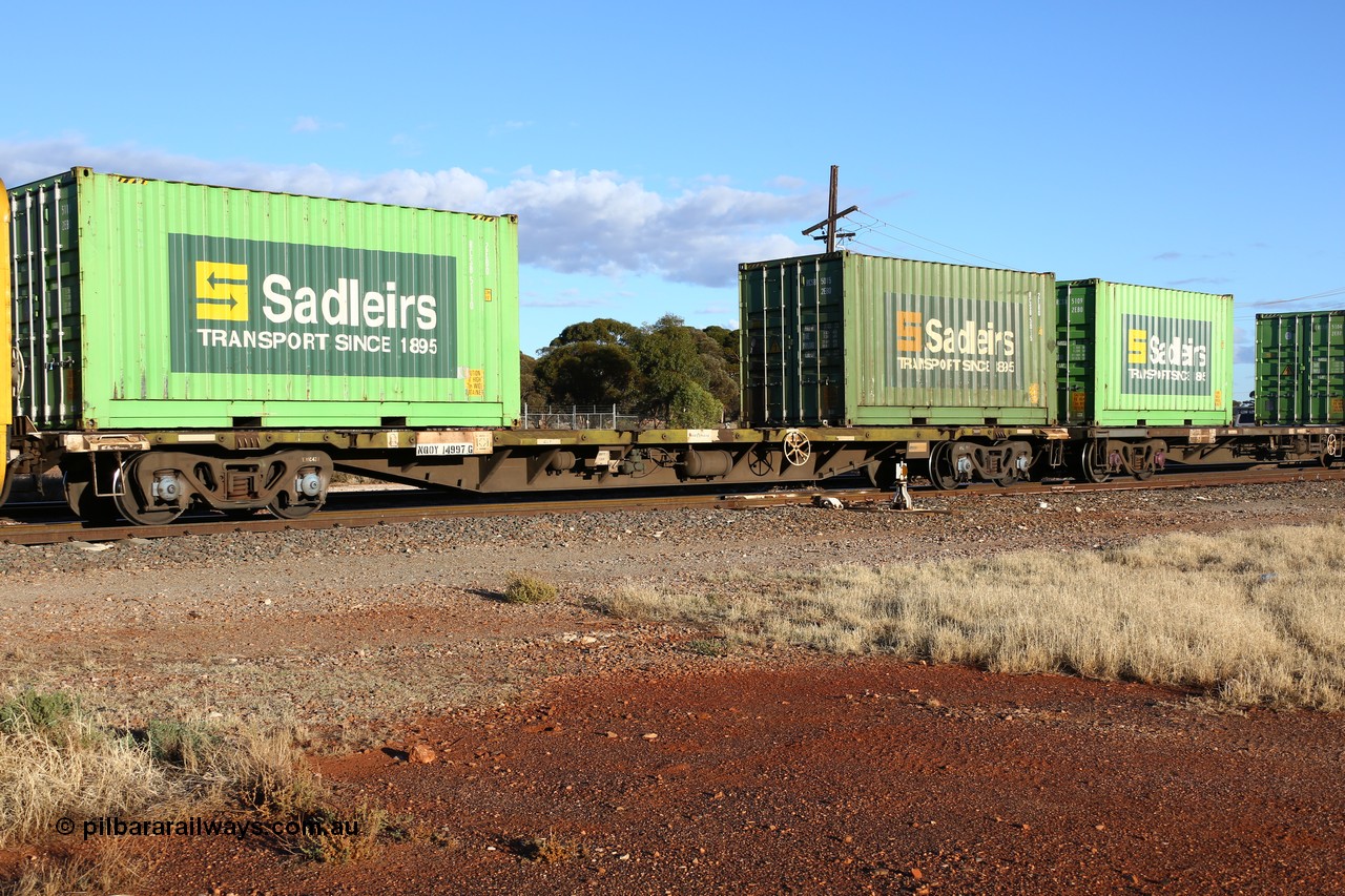 160528 8316
Parkeston, priority service 6PS7, NQOY 14997 container waggon, one of fifty built by Tulloch Ltd NSW as type OCY in 1974-75, loaded with two Sadleirs 20' 2BE0 type boxes RCSB 5110 and RCSB 5015.
Keywords: NQOY-type;NQOY14997;Tulloch-Ltd-NSW;OCY-type;