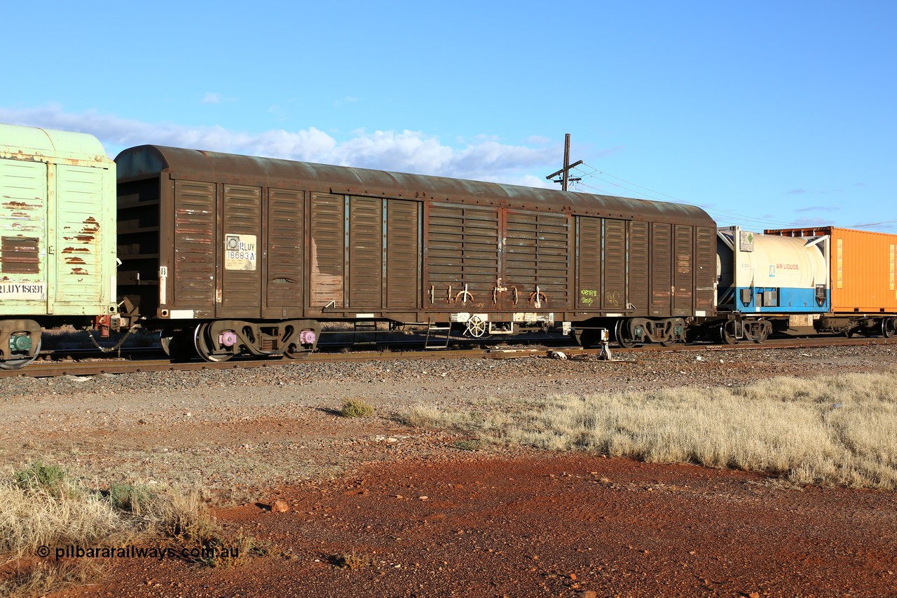 160528 8322
Parkeston, priority service 6PS7, RLUY 18683 louvre van, one of a one hundred and fifty batch order from Comeng NSW as KLY type built in 1975-76, recoded to NLKY, then NLUY.
Keywords: RLUY-type;RLUY18683;Comeng-NSW;KLY-type;NLKY-type;NLUY-type;