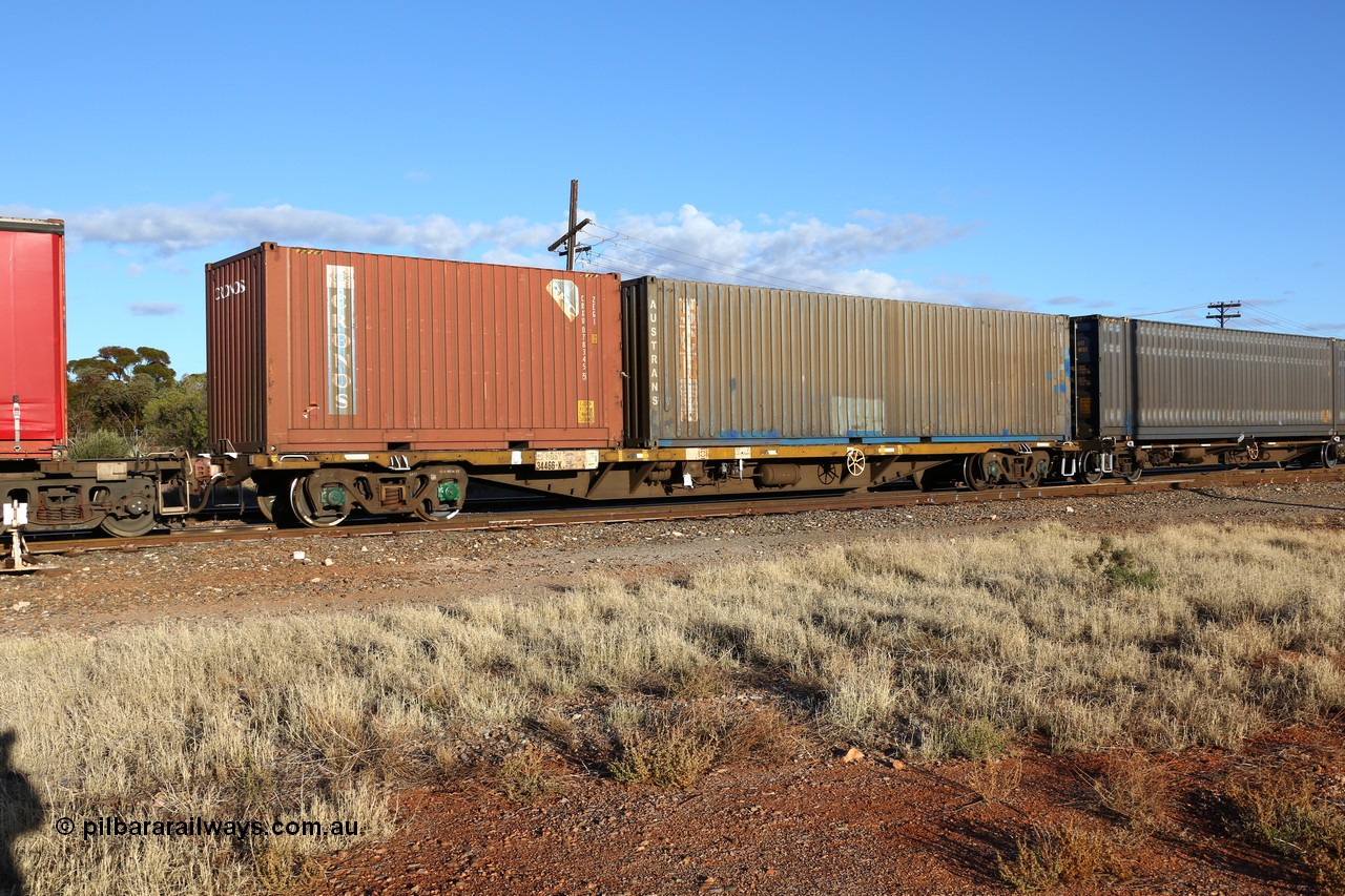 160528 8328
Parkeston, priority service 6PS7, RQSY 34466 container waggon, one of one hundred OCY type units built by Tulloch Ltd NSW in 1974-75, recoded NQOY, then to NQSY. 20' Cronos box CRXU 078345 and 40' SCF Austrans AUSU 405026.
Keywords: RQSY-type;RQSY34466;Tulloch-Ltd-NSW;OCY-type;NQOY-type;NQSY-type;