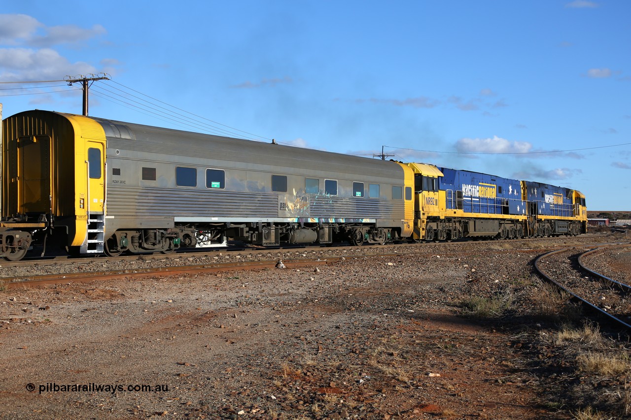 160528 8335
Parkeston, 5SP5 intermodal train, crew accommodation coach RZAY 283, built by Comeng NSW in 1972 as type ARJ, stainless steel air conditioned first class roomette sleeping car, converted by AN Rail Port Augusta Workshops in 1997 to RZAY.
Keywords: RZAY-type;RZAY283;Comeng-NSW;ARJ-type;