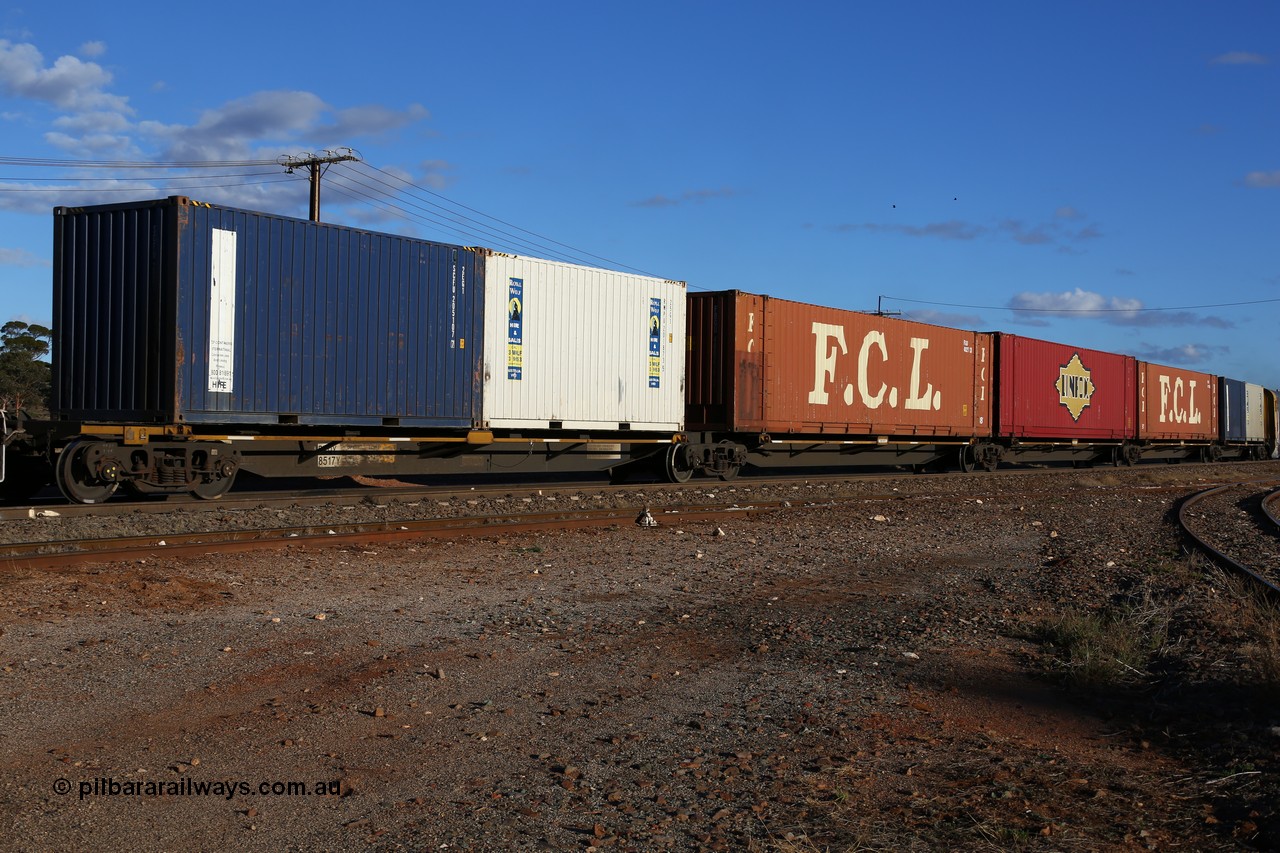 160528 8336
Parkeston, 5SP5 intermodal train, RRQY 8517 5-pack RRQY articulated skel waggon, built by Qiqihar Rollingstock Works China in 2013 loaded with a mix of 20' and 48' boxes.
Keywords: RRQY-type;RRQY8517;Qiqihar-Rollingstock-Works-China;