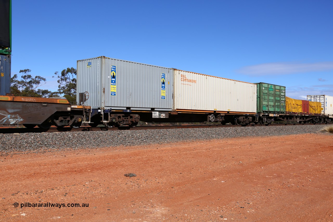 160528 8425
Binduli, intermodal train 6PM6, RQHY type 3 TEU container waggon RQHY 7063, built by Qiqihar Rollingstock Works in China as part of a seventy eight unit order in 2005/06 for Pacific National. Loaded with a 20' Royal Wolf 25G1 type container RWPU 302927 and a 40' SCF Rail Containers 4GE1 type container TSPD 411007.
Keywords: RQHY-type;RQHY7063;Qiqihar-Rollingstock-Works-China;