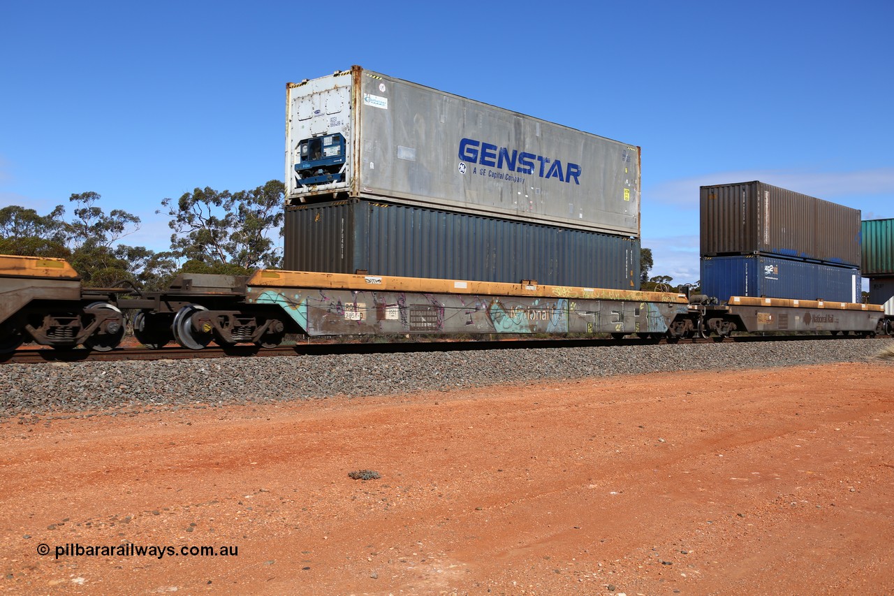 160528 8432
Binduli, intermodal train 6PM6, RQZY 7054 platform 5 of five unit bar coupled well container waggon set built in a batch of thirty two by Goninan NSW in 1995/96, loaded with an unmarked 40' 4EG1 type container RTPU 4018 double stacked with a GENSTAR 40' reefer container GCEU 666489 with Cooltainer decals.
Keywords: RQZY-type;RQZY7054;Goninan-NSW;