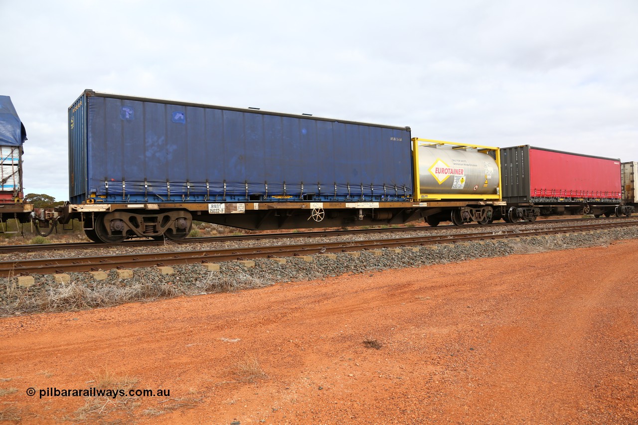 160529 8778
Parkeston, 6MP4 intermodal train, RQBY 15032, one of seventy that Comeng NSW built as OCY type in 1974-75, recoded to NQOY, then NQSY and NQBY loaded with a Royal Wolf 40' curtainsider RWTU 903063 and a CIMC Tank built 20' ISO tanktainer 22K2 type Eurotainer EURU 114496 with Ammonium Nitrate Emulsion.
Keywords: RQBY-type;RQBY15032;Comeng-NSW;OCY-type;NQOY-type;NQBY-type;