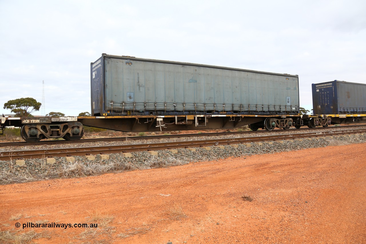 160529 8788
Parkeston, 6MP4 intermodal train, RQFY 119 container waggon, built by Victorian Railways Bendigo Workshops in 1980 as a batch of seventy five VQFX type skeletal container waggons, recoded to VQFY in 1985, recoded in April 1994 RQFY, May 1995 to RQFF and 2CM bogies fitted August 1995, loaded with a 48' Pacific National curtainsider PNXC 4455.
Keywords: RQFY-type;RQFY119;Victorian-Railways-Bendigo-WS;VQFX-type;