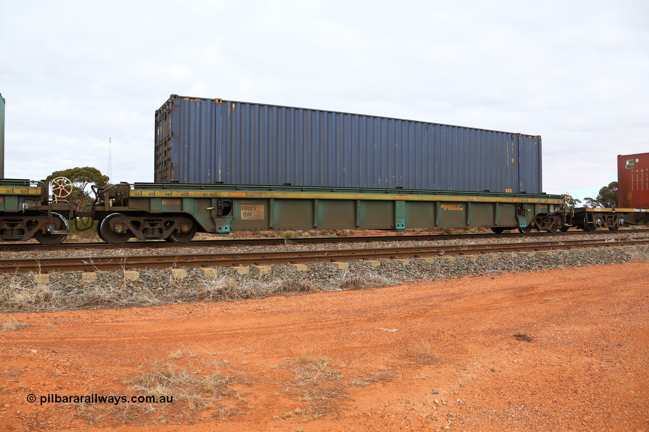 160529 8801
Parkeston, 6MP4 intermodal train, RRXY 8 platform 1 of 5-pack well waggon set, one of eleven built by Bradken Qld in 2002 for Toll from a Williams-Worley design with a 48' Pacific National box PNXD 4143.
Keywords: RRXY-type;RRXY8;Williams-Worley;Bradken-Rail-Qld;