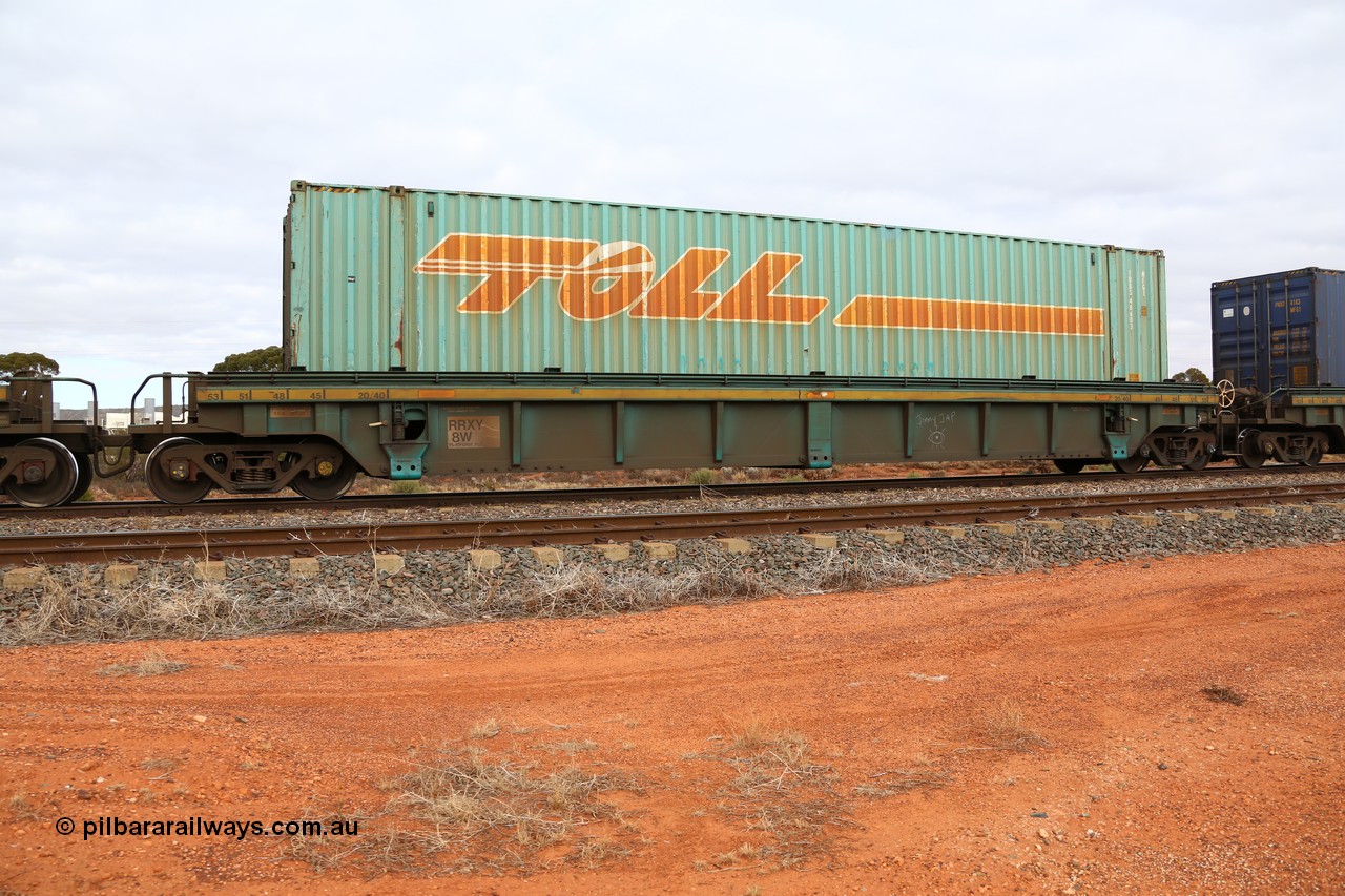160529 8802
Parkeston, 6MP4 intermodal train, RRXY 8 platform 2 of 5-pack well waggon set, one of eleven built by Bradken Qld in 2002 for Toll from a Worley-Williams design with a 48' Toll box TDDS 48603
Keywords: RRXY-type;RRXY8;Worley-Williams;Bradken-Rail-Qld;