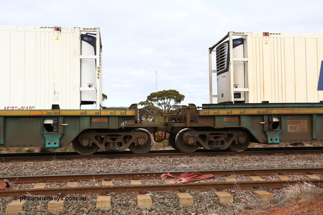 160529 8804
Parkeston, 6MP4 intermodal train, RRXY 8 shows the bar coupling and pipes between platform 3 and 4 of 5-pack well waggon set, one of eleven built by Bradken Qld in 2002 for Toll from a Worley-Williams design.
Keywords: RRXY-type;RRXY8;Worley-Williams;Bradken-Rail-Qld;