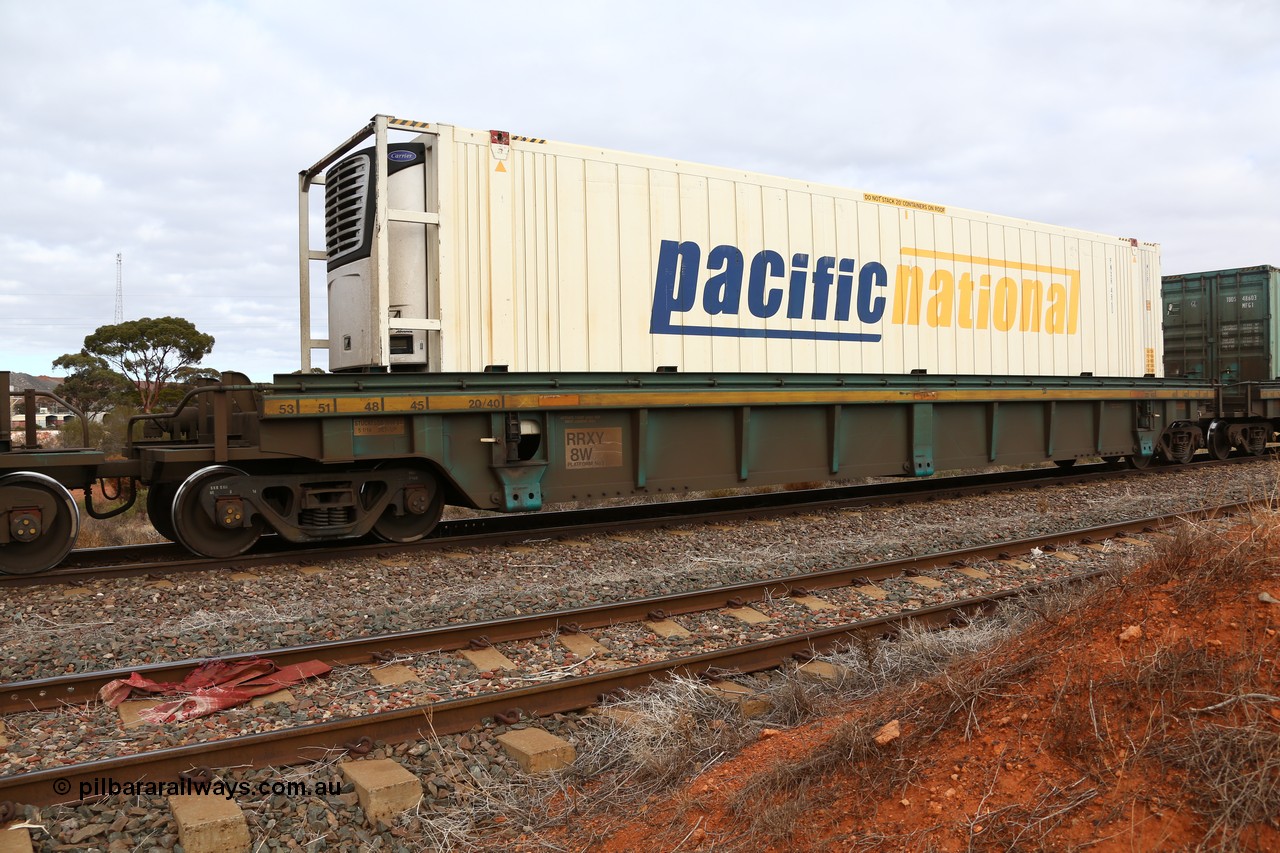 160529 8805
Parkeston, 6MP4 intermodal train, RRXY 8 platform 3 of 5-pack well waggon set, one of eleven built by Bradken Qld in 2002 for Toll from a Williams-Worley design with a 46' Pacific National reefer PNXR 4860.
Keywords: RRXY-type;RRXY8;Williams-Worley;Bradken-Rail-Qld;