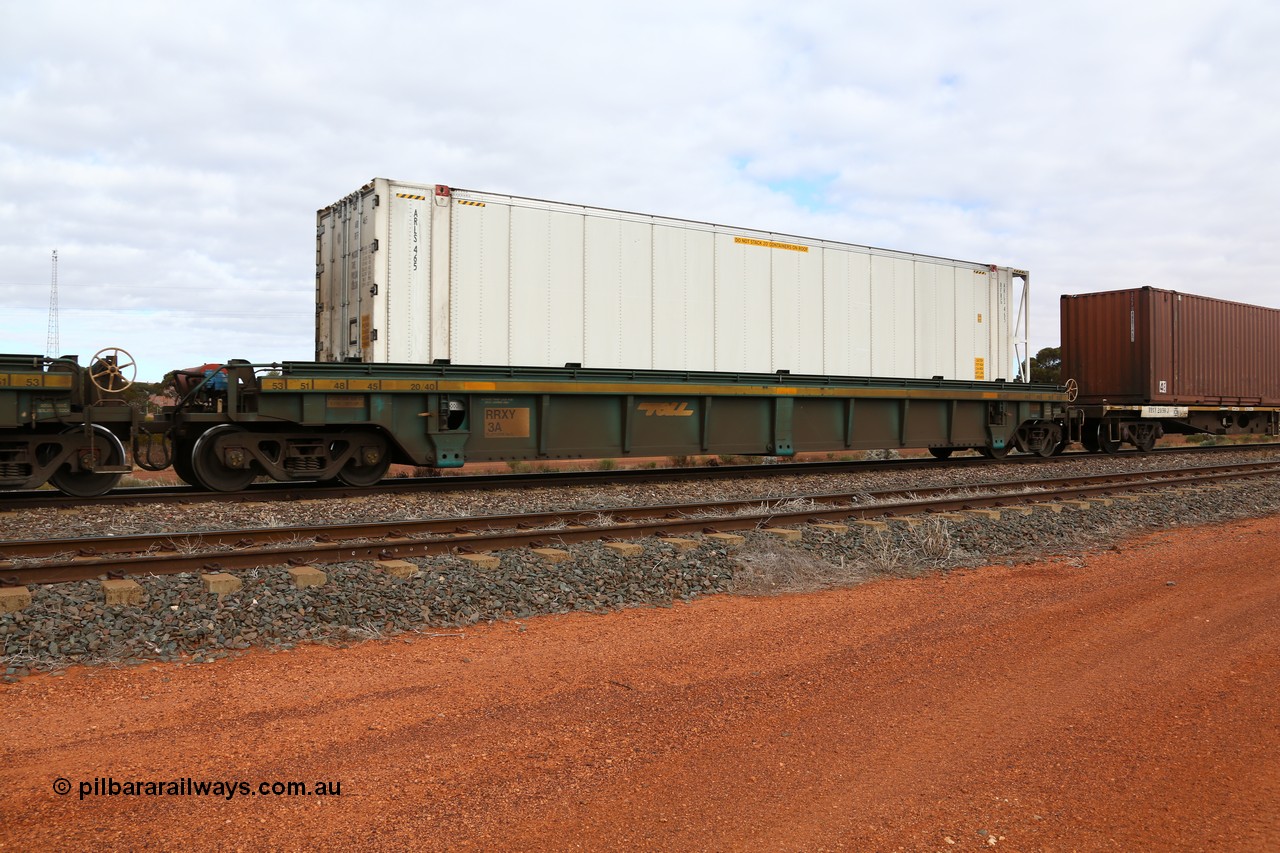 160529 8830
Parkeston, 6MP4 intermodal train, RRXY 3 platform 5 of 5-pack well waggon set, one of eleven built by Bradken Qld in 2002 for Toll from a Williams-Worley design with a 46' ARLS reefer ARLS 465.
Keywords: RRXY-type;RRXY3;Williams-Worley;Bradken-Rail-Qld;