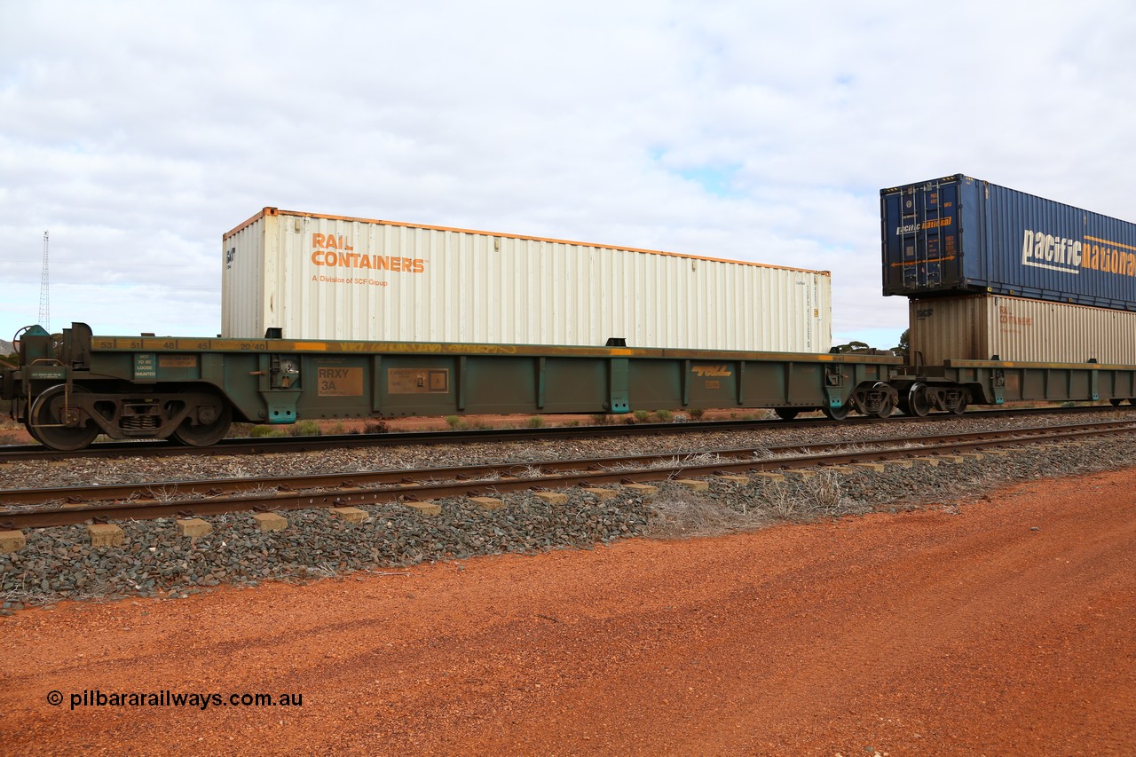 160529 8834
Parkeston, 6MP4 intermodal train, RRXY 3 platform 1 of 5-pack well waggon set, one of eleven built by Bradken Qld in 2002 for Toll from a Williams-Worley design with a 40' Rail Containers box SCFU TSPD 412256.
Keywords: RRXY-type;RRXY3;Williams-Worley;Bradken-Rail-Qld;
