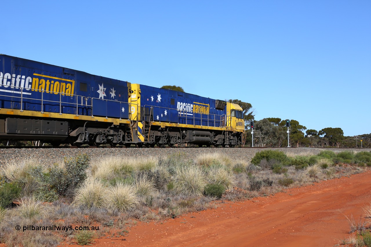 160530 9247
Binduli, 7SP3 intermodal service about to pass the sticks at the end of the Binduli Triangle which is the junction for the Esperance line, Goninan built GE model Cv40-9i NR class unit NR 99 serial 7250-07/97-305 leads sister unit NR 59 serial 7250-10/97-261.
Keywords: NR-class;NR99;Goninan;GE;Cv40-9i;7250-07/97-305;