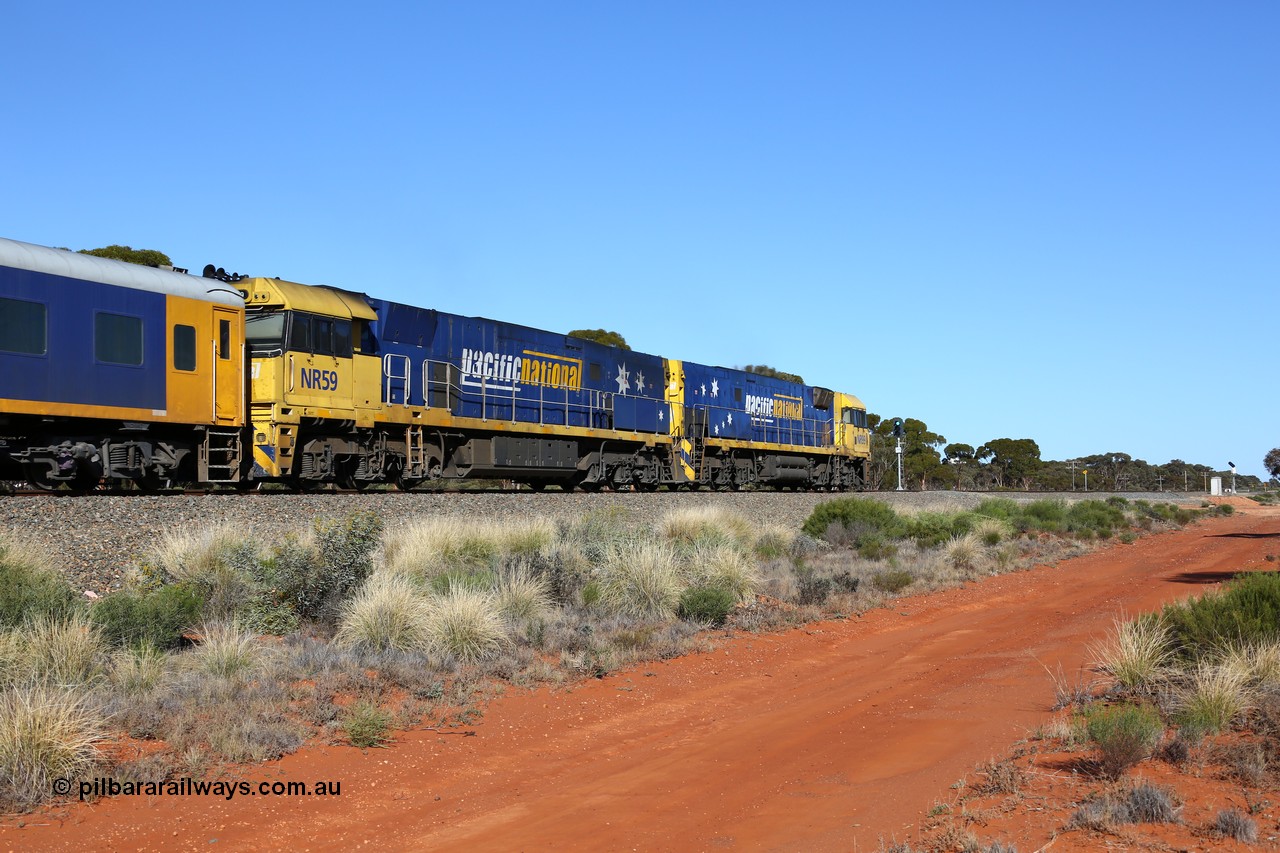 160530 9248
Binduli, 7SP3 intermodal service about to pass the sticks at the end of the Binduli Triangle which is the junction for the Esperance line, Goninan built GE model Cv40-9i NR class unit NR 99 serial 7250-07/97-305 leads sister unit NR 59 serial 7250-10/97-261.
Keywords: NR-class;NR99;Goninan;GE;Cv40-9i;7250-07/97-305;