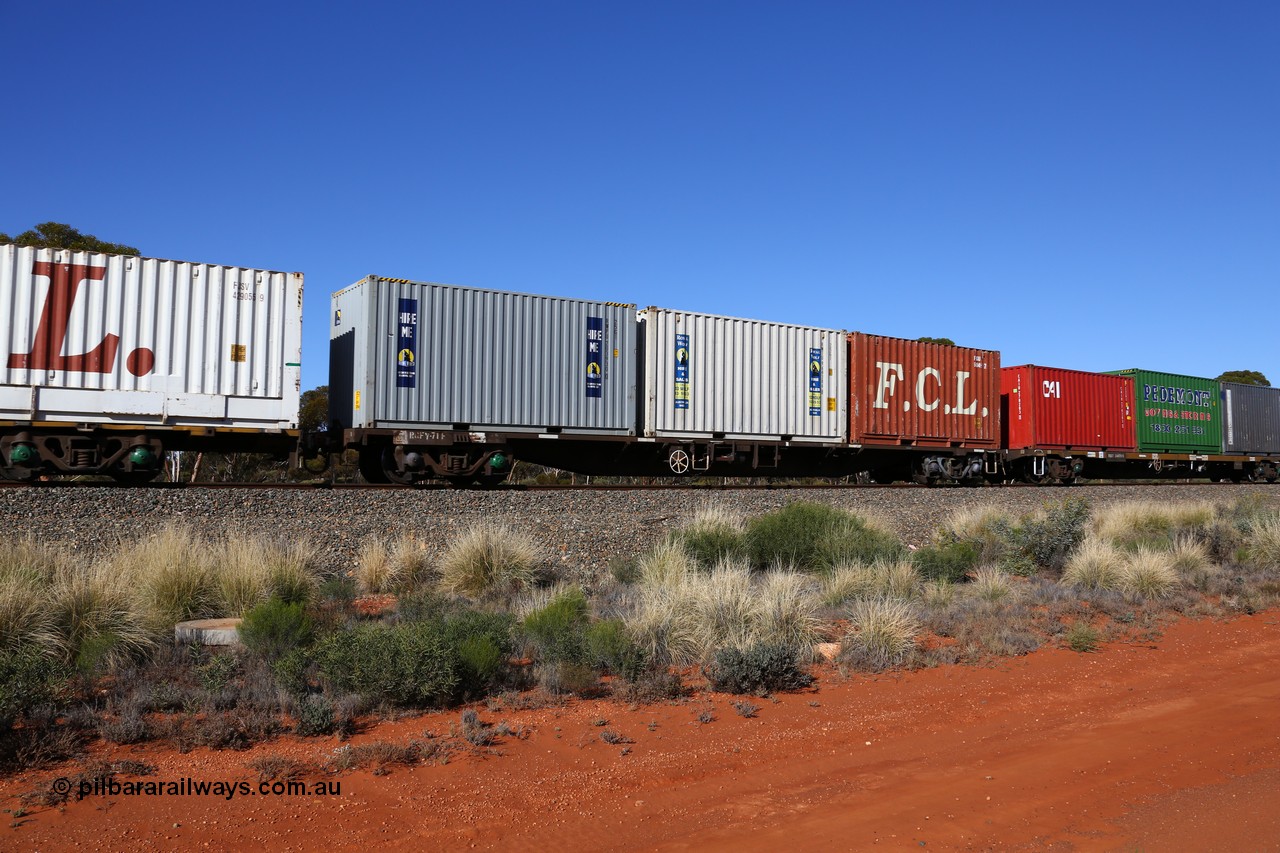 160530 9264
Binduli, 7SP3 intermodal service, RQFY 71 container waggon, built by Victorian Railways Bendigo Workshops in 1980 as a batch of seventy five VQFX type skeletal container waggons, recoded to VQFY c1985, then RQFF April 1994, May 1995 to RQFY and 2CM bogies fitted.
Keywords: RQFY-type;RQFY71;Victorian-Railways-Bendigo-WS;VQFX-type;VQFY-type;RQFF-type;